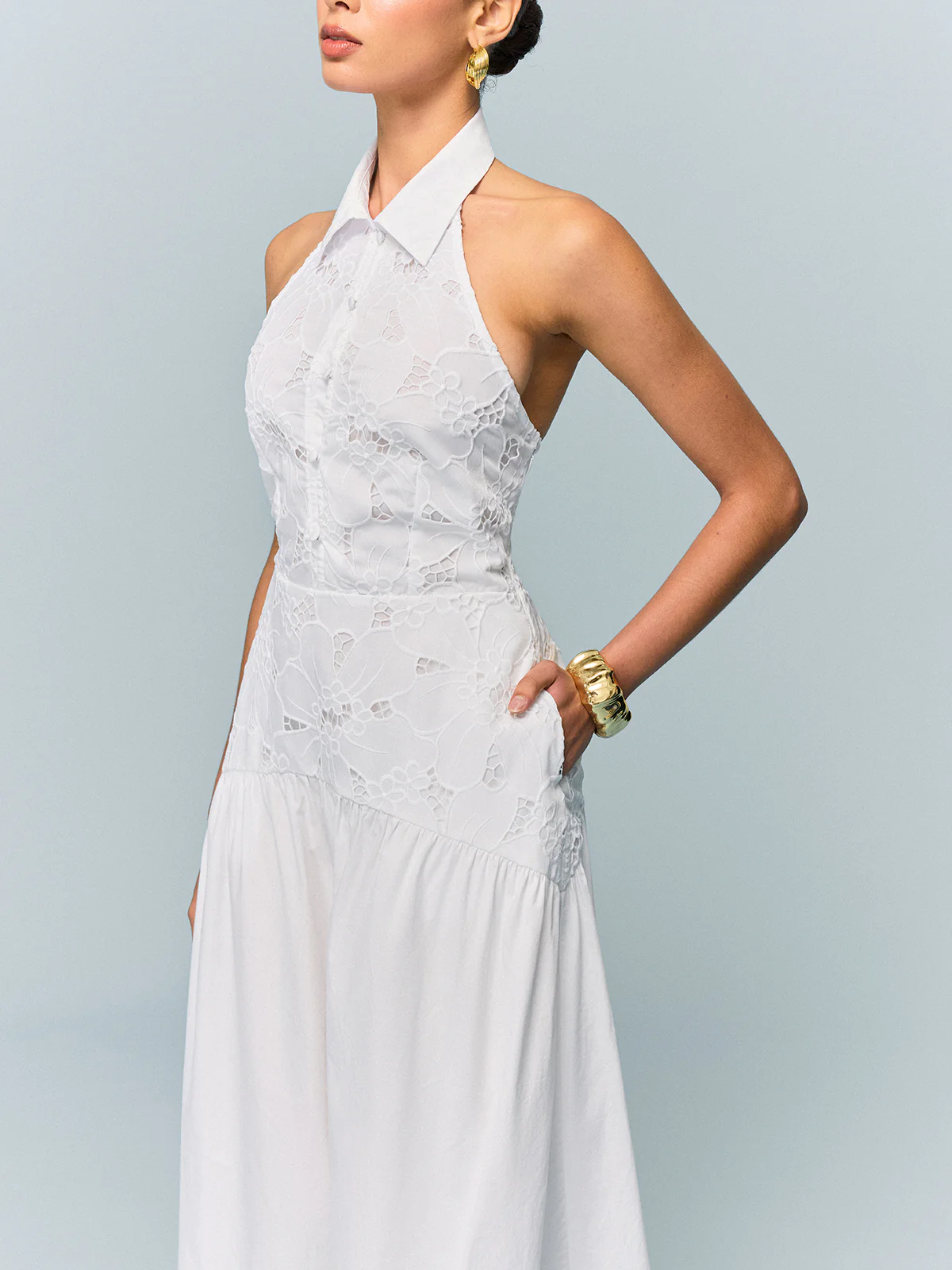 Pocketed Halter Neck Embroidered Dress with Non-Belted - Image 6