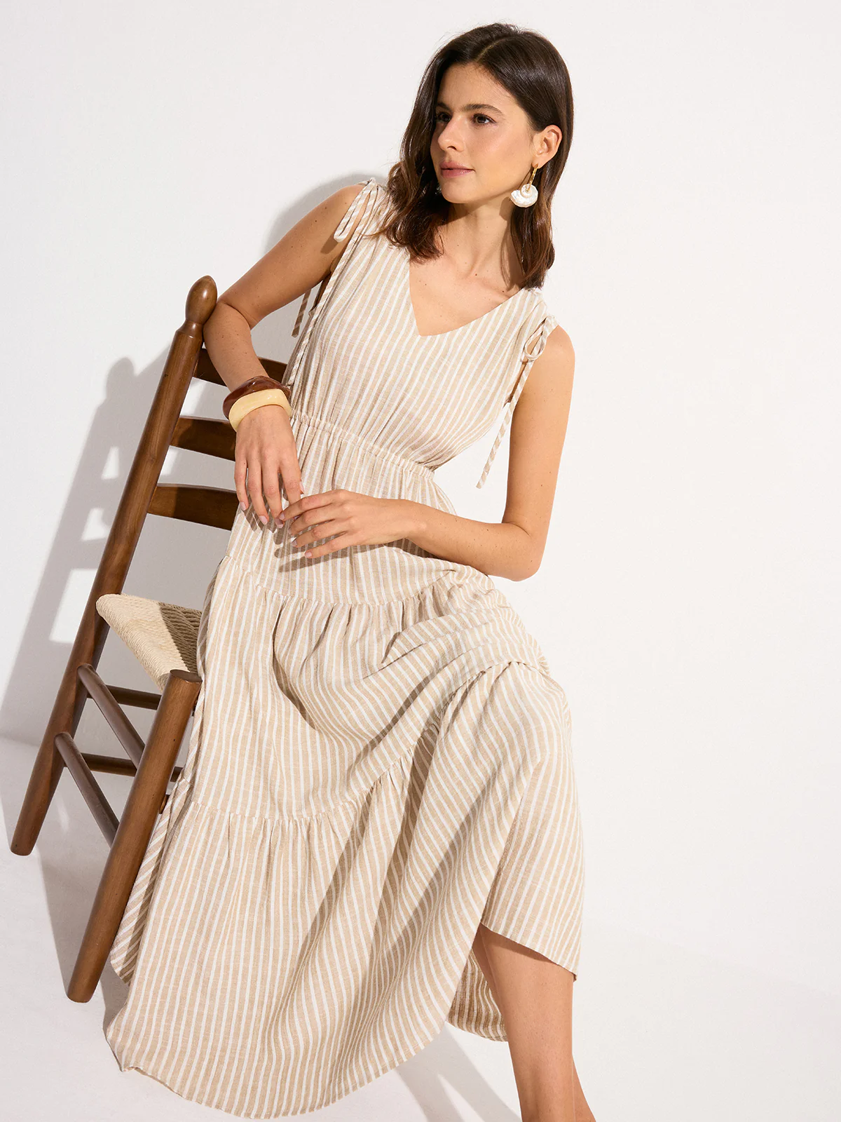 Pocketed Striped Linen & Cotton Tiered Maxi Dress - Image 2