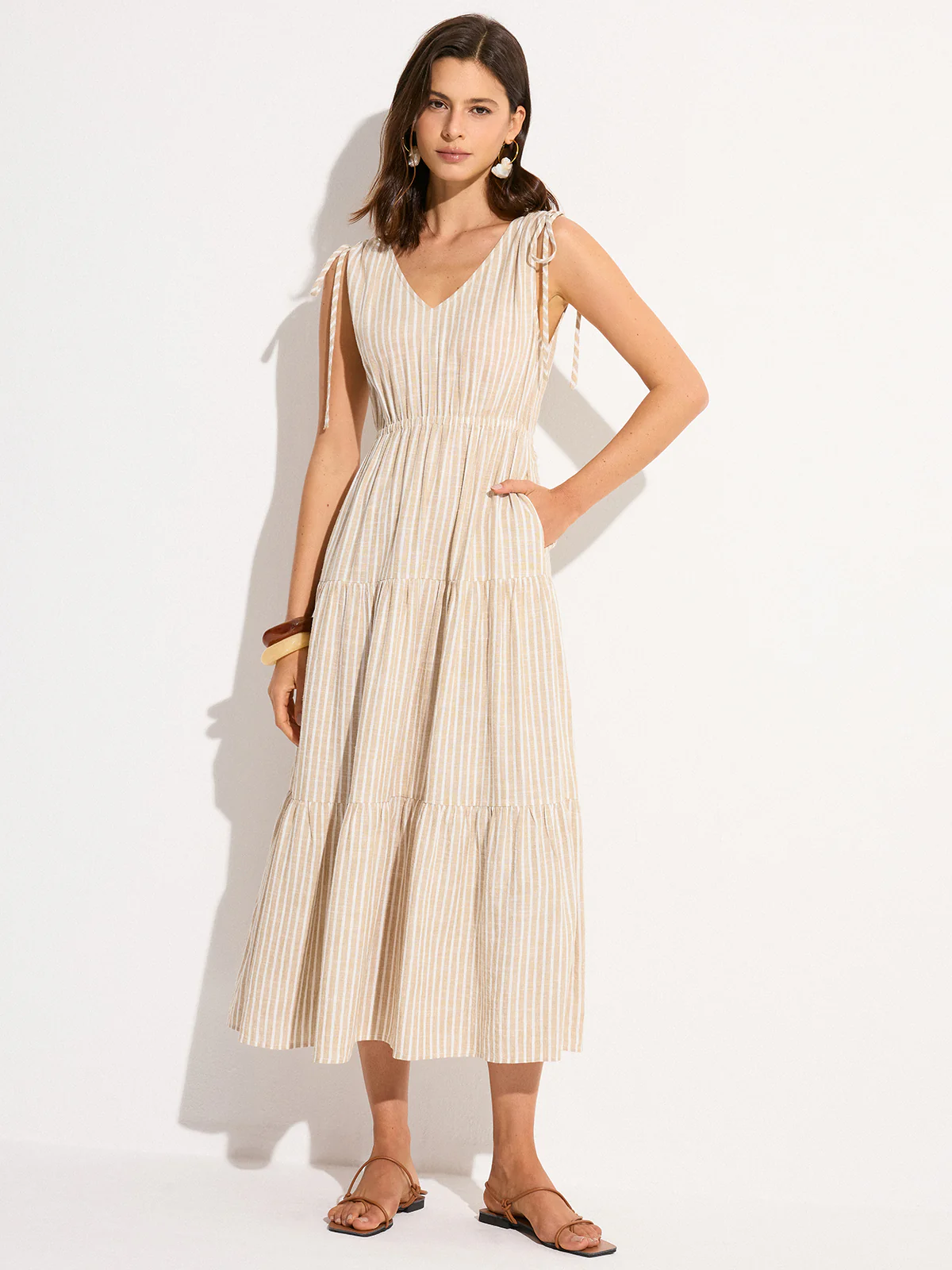 Pocketed Striped Linen & Cotton Tiered Maxi Dress - Image 4