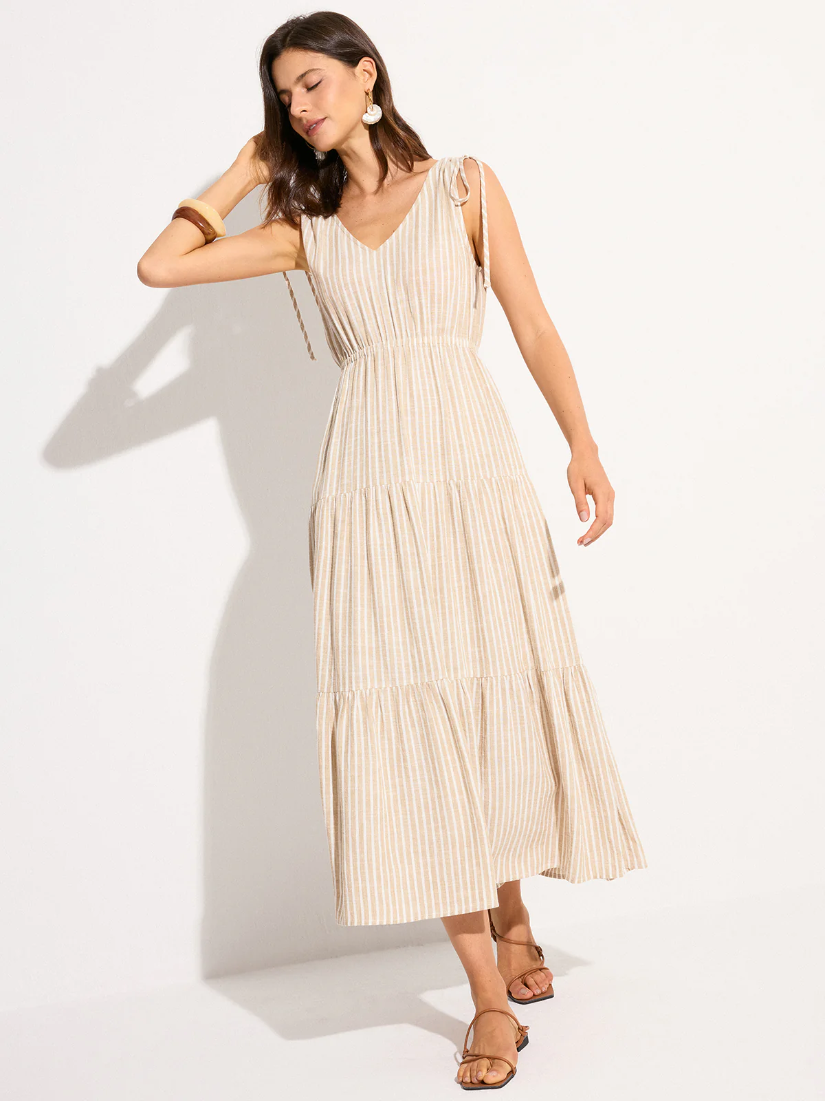 Pocketed Striped Linen & Cotton Tiered Maxi Dress - Image 5
