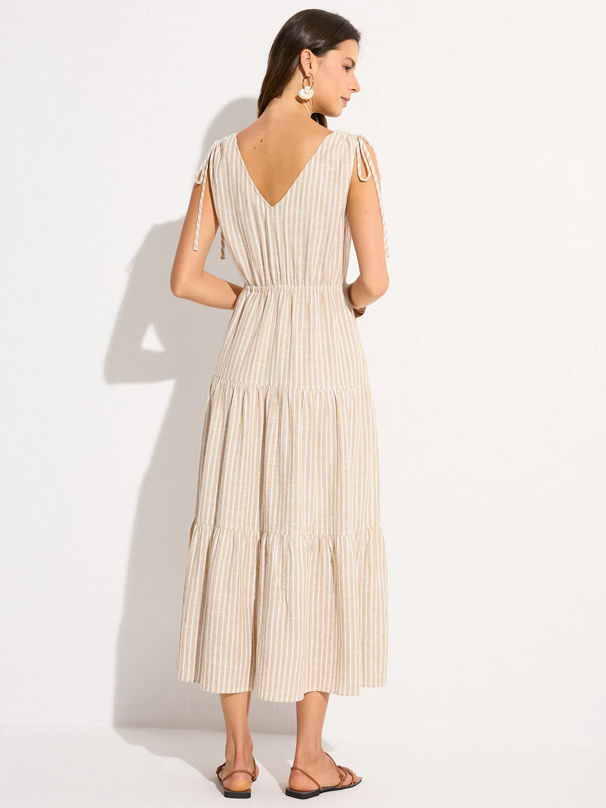 Pocketed Striped Linen & Cotton Tiered Maxi Dress - Image 6