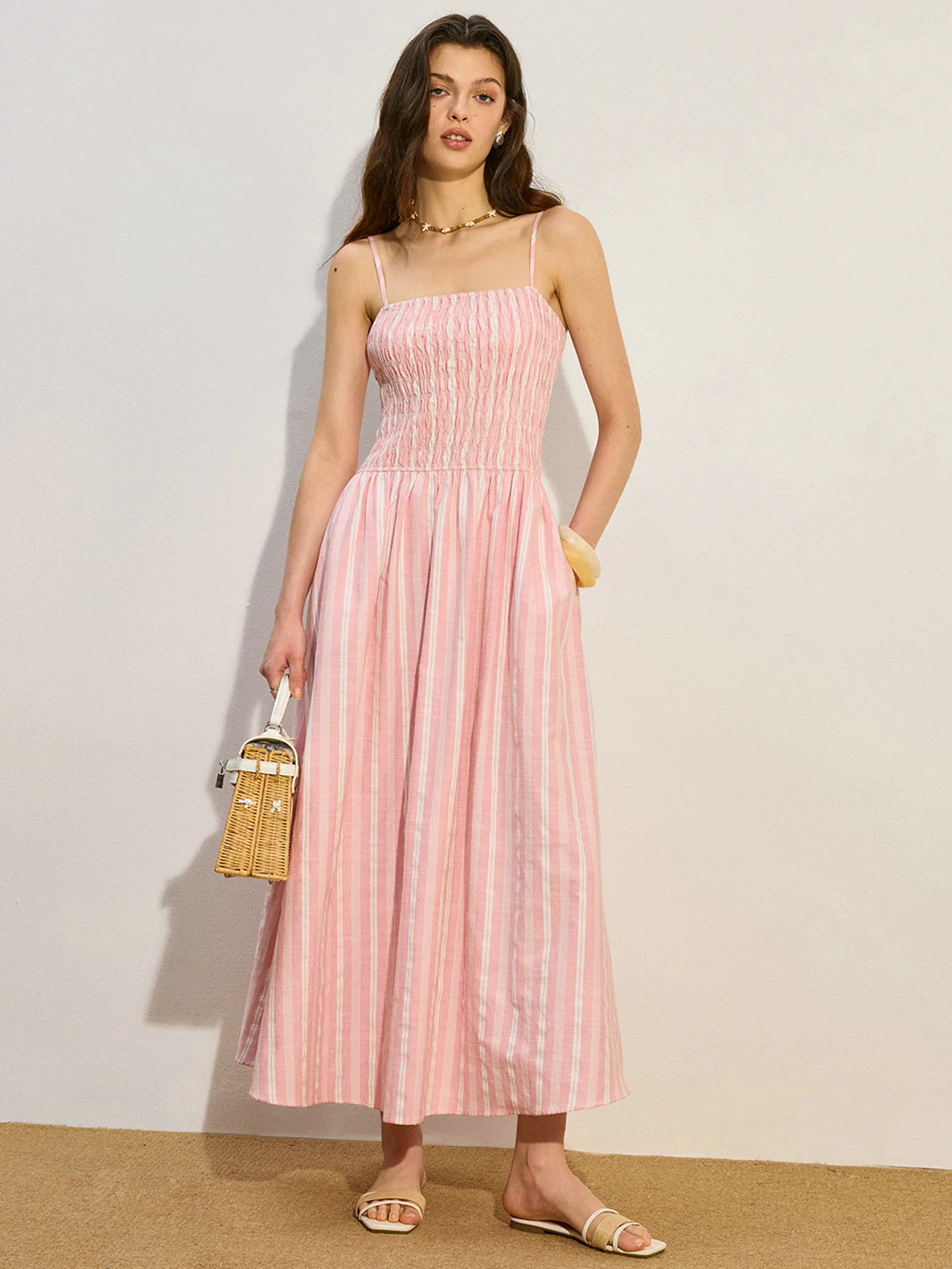 Pocketed Striped Shirred Maxi Dress