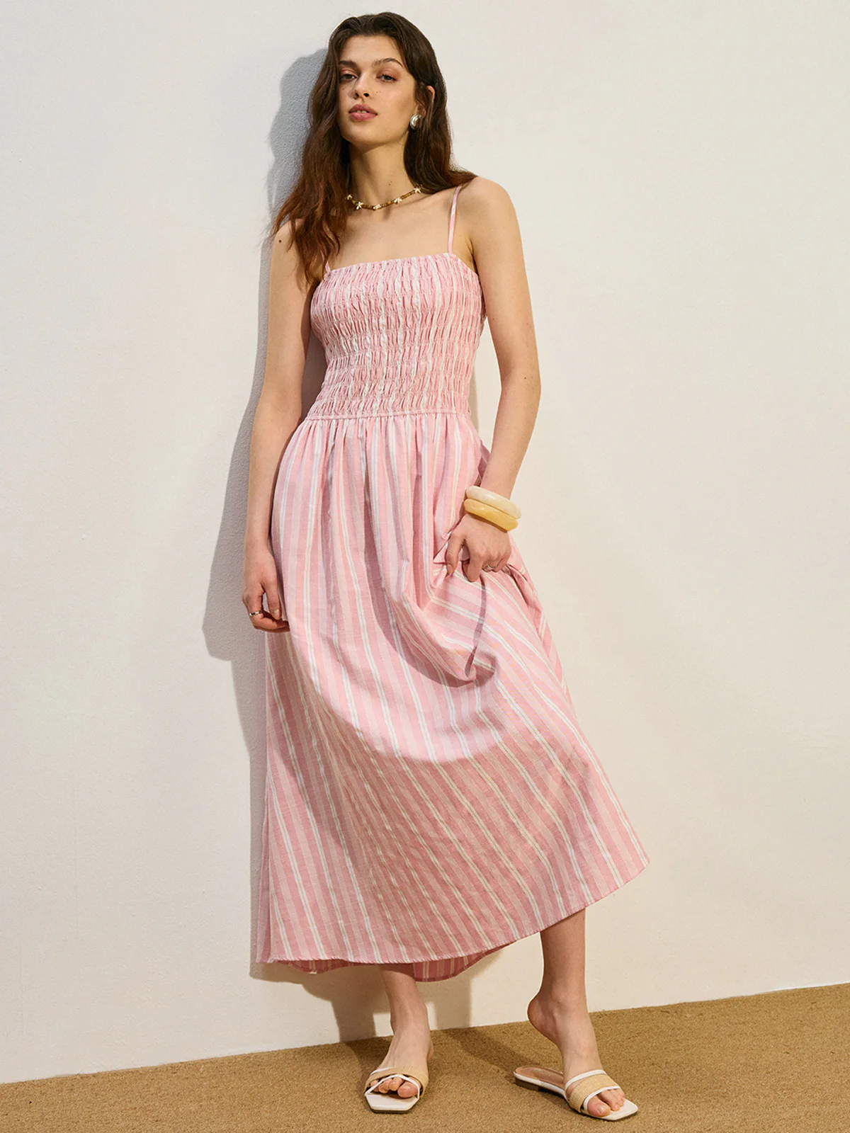 Pocketed Striped Shirred Maxi Dress - Image 2