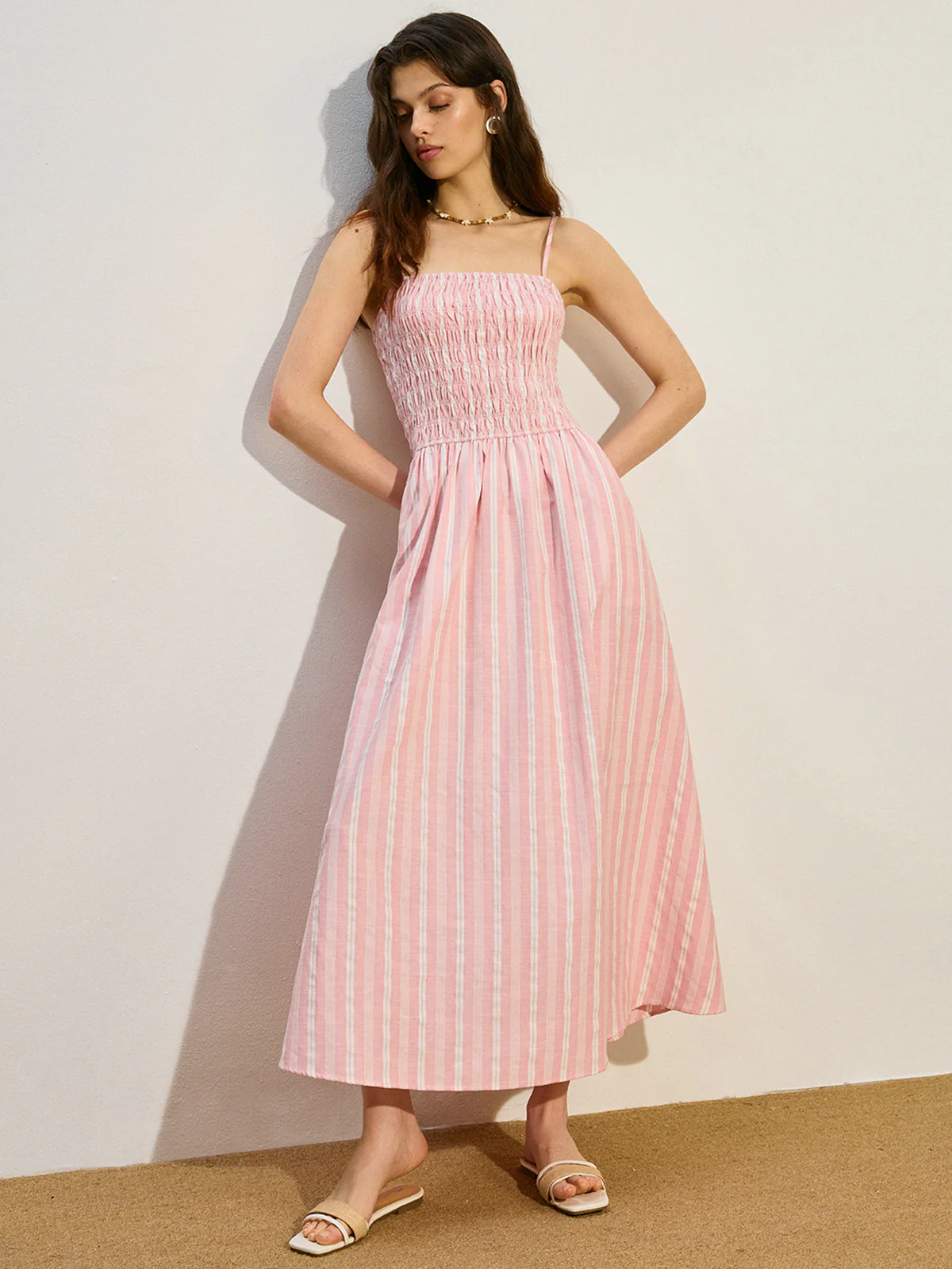 Pocketed Striped Shirred Maxi Dress - Image 5