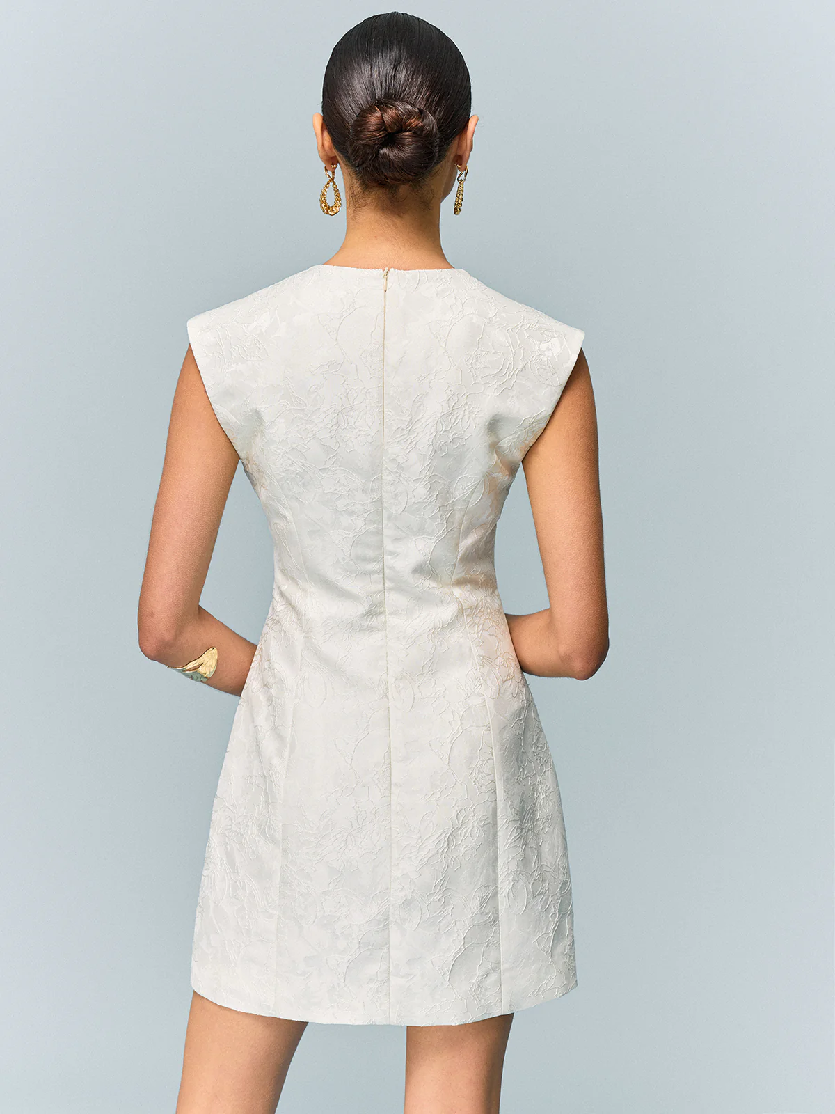 Pocketed Textured Mini Dress with Metal Button - Image 6