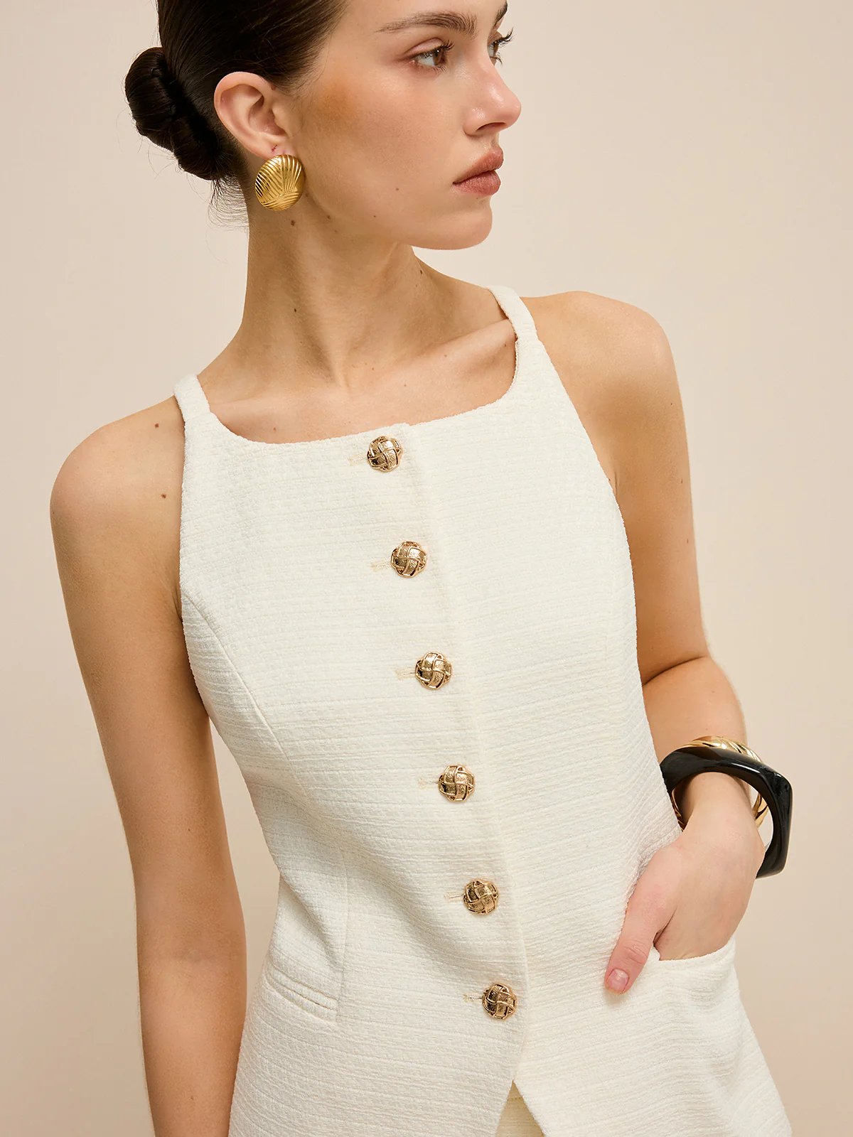 Pocketed Tweed Metal Button Shorts Set - Image 4