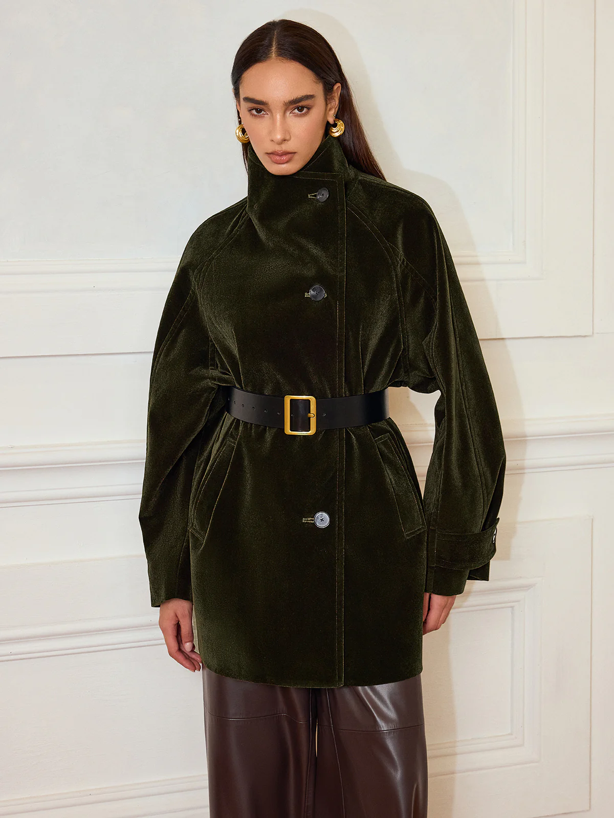 Pocketed Velvet Coat without Belt - Image 4