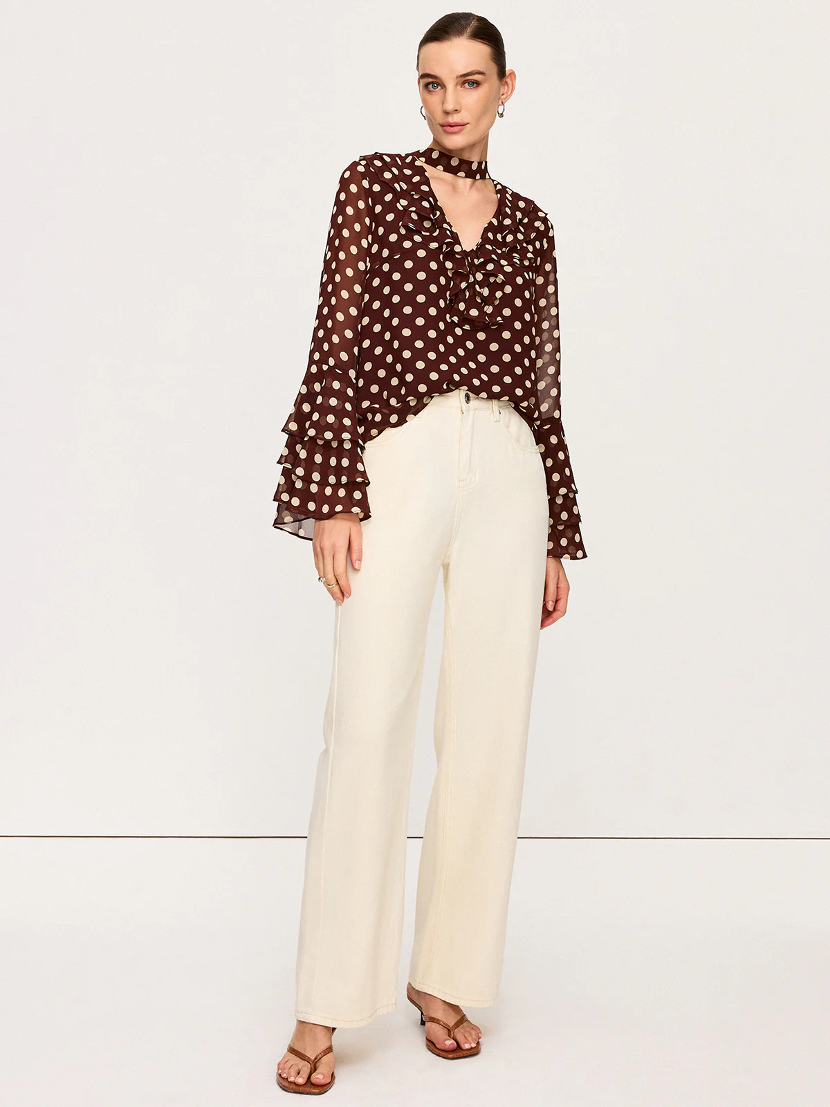 Semi-Sheer Polka Dot Bell-Sleeve Chiffon Blouse - Image 4