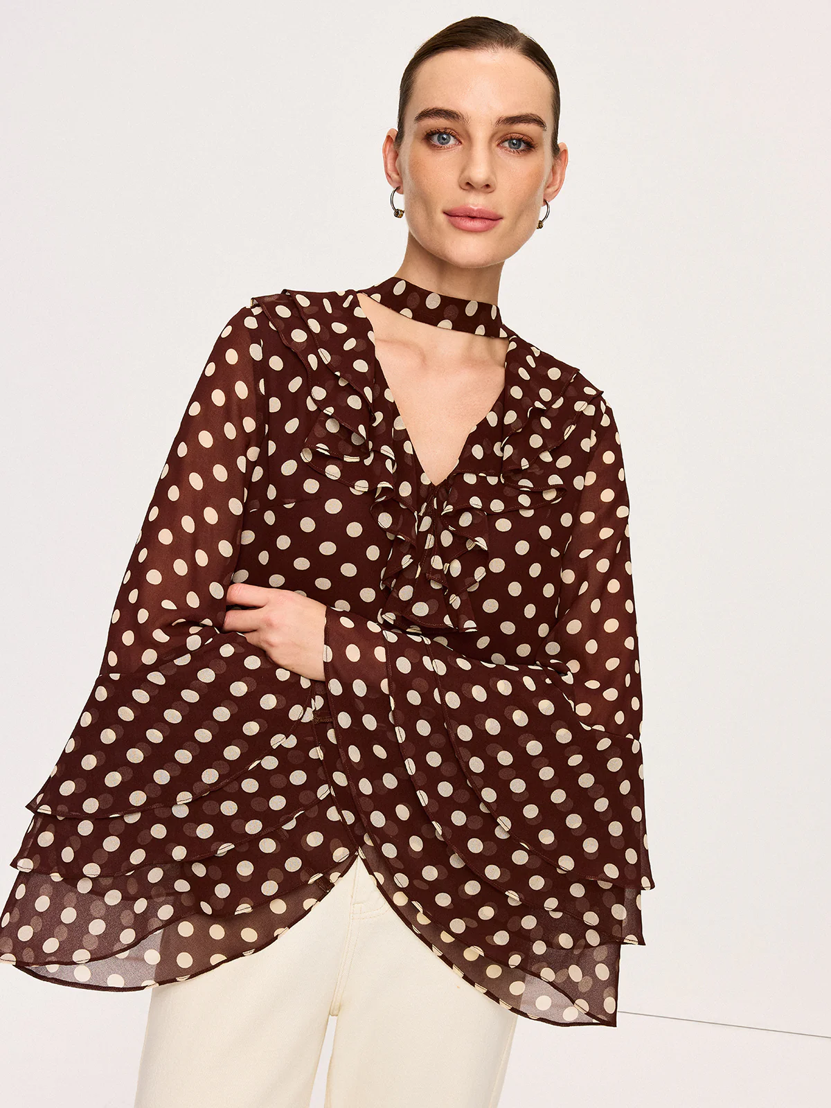 Semi-Sheer Polka Dot Bell-Sleeve Chiffon Blouse - Image 5