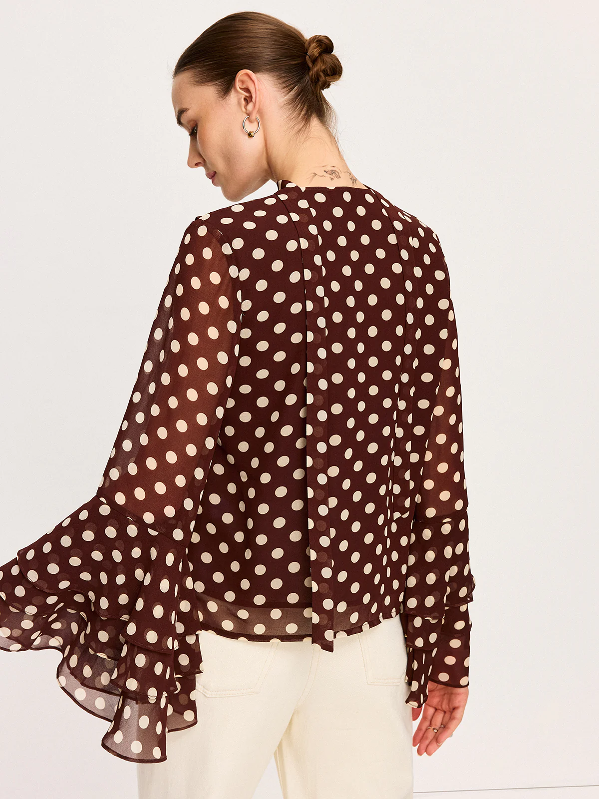 Semi-Sheer Polka Dot Bell-Sleeve Chiffon Blouse - Image 6