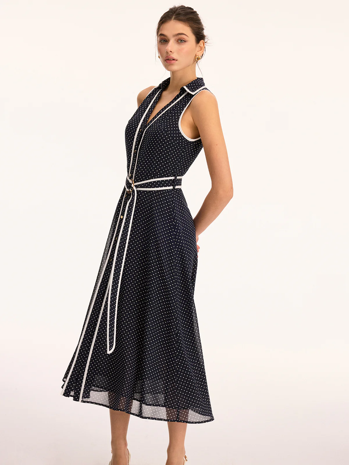 Polka Dot Belted Sleeveless Maxi Dress - Image 3