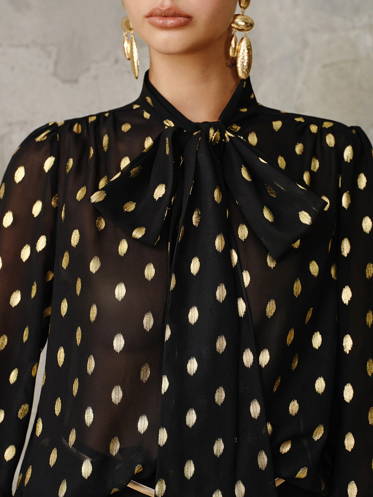 Polka Dot Bow Neckline Semi-Sheer Blouse - Image 2