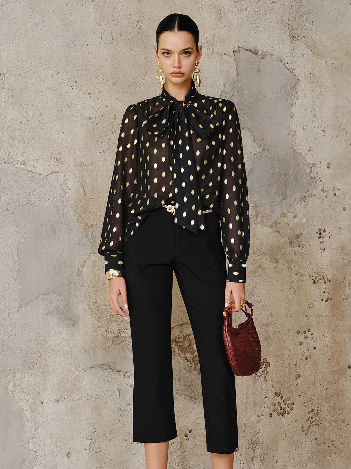 Polka Dot Bow Neckline Semi-Sheer Blouse - Image 4