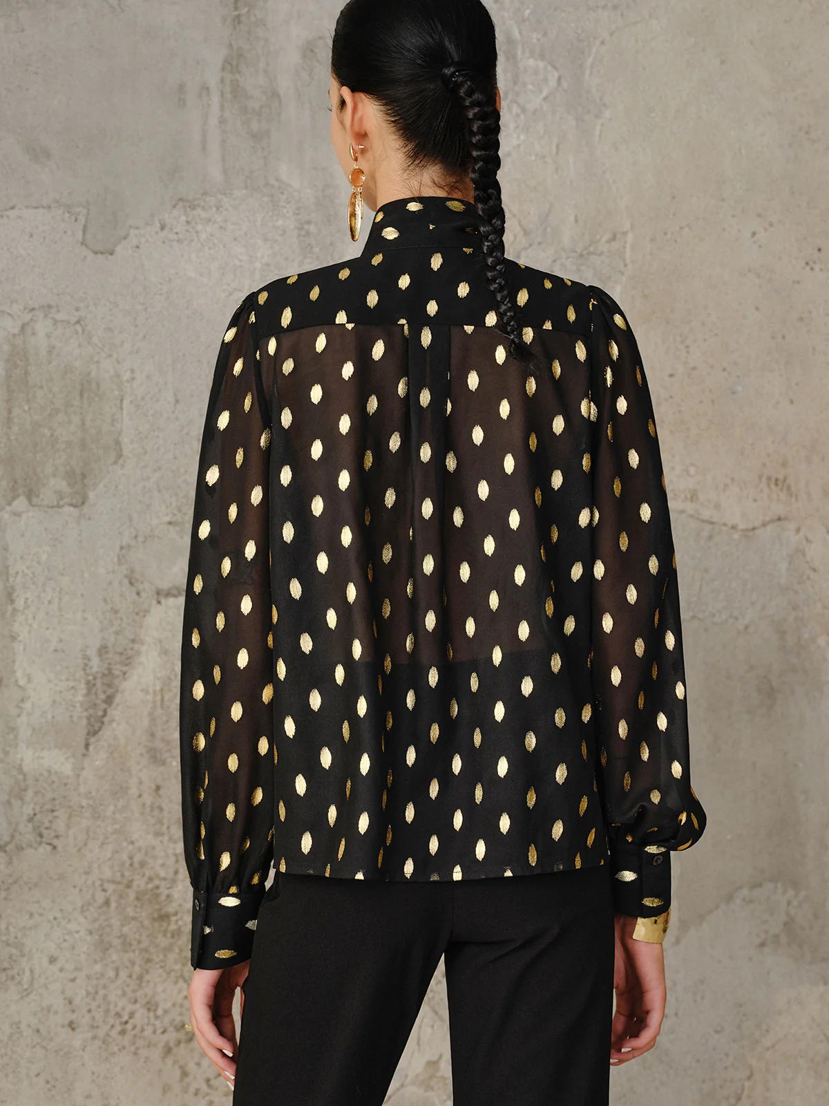 Polka Dot Bow Neckline Semi-Sheer Blouse - Image 6