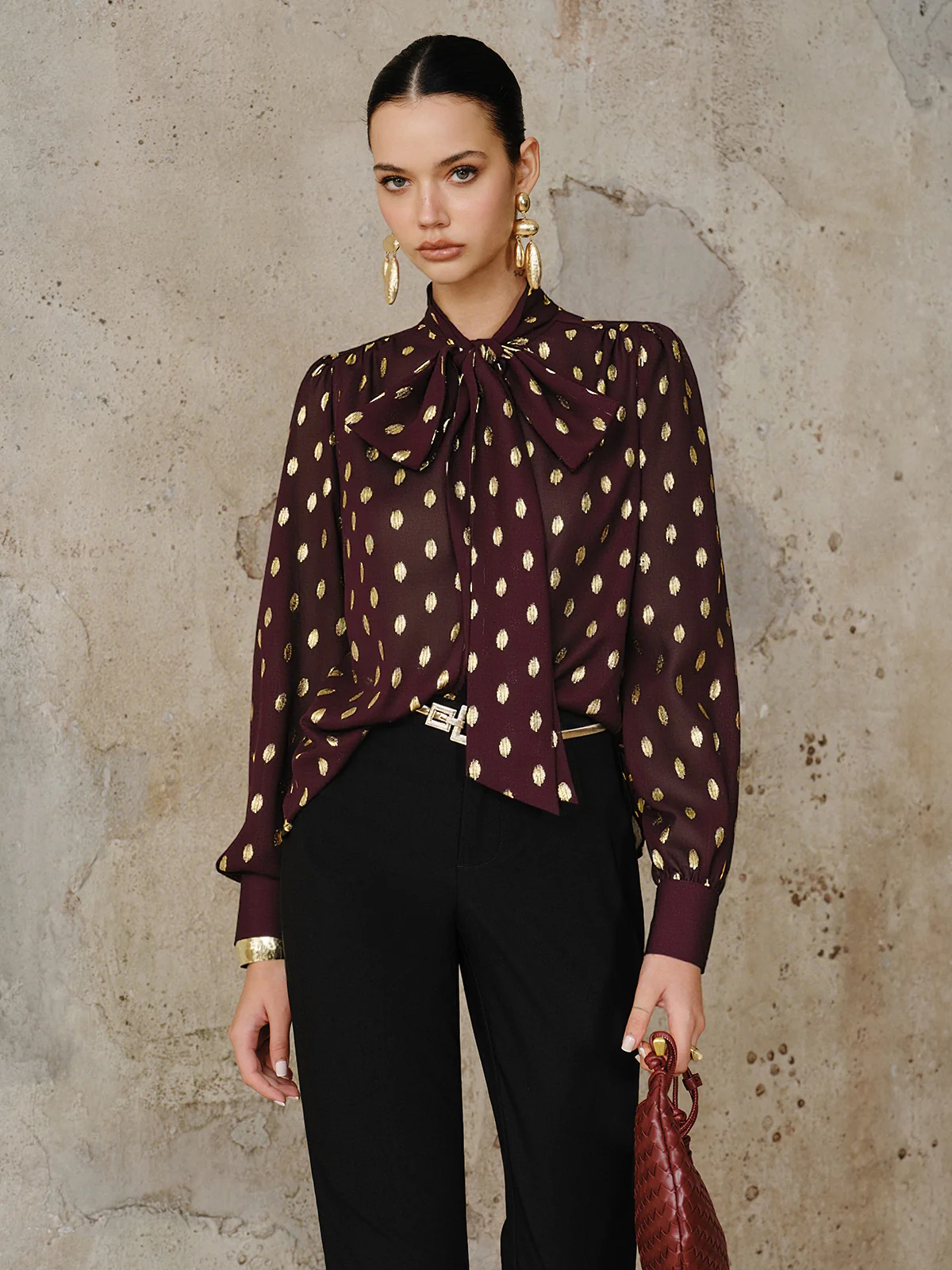 Polka Dot Bow Neckline Semi-Sheer Blouse - Image 8