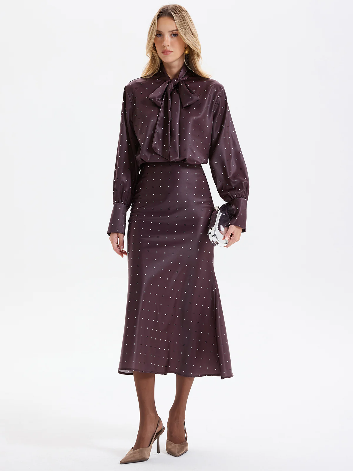 Polka Dot Bow-Tie Blouse and Midi Skirt set