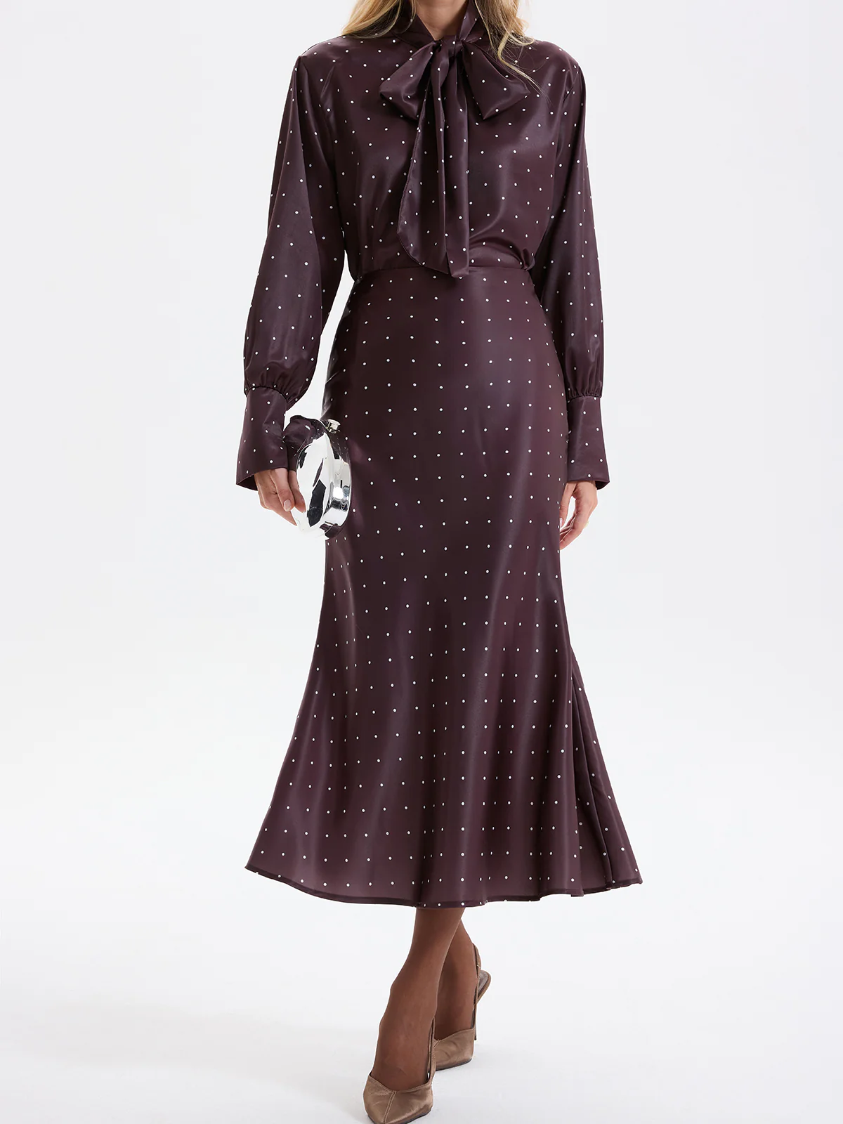 Polka Dot Bow-Tie Blouse and Midi Skirt set - Image 2