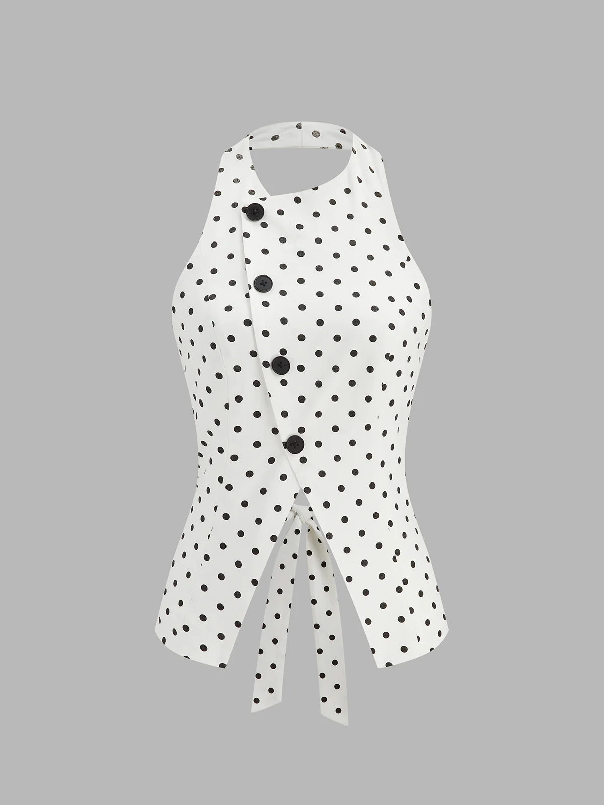 Polka Dot Halter Decorative Button Tie-Back Top - Image 2