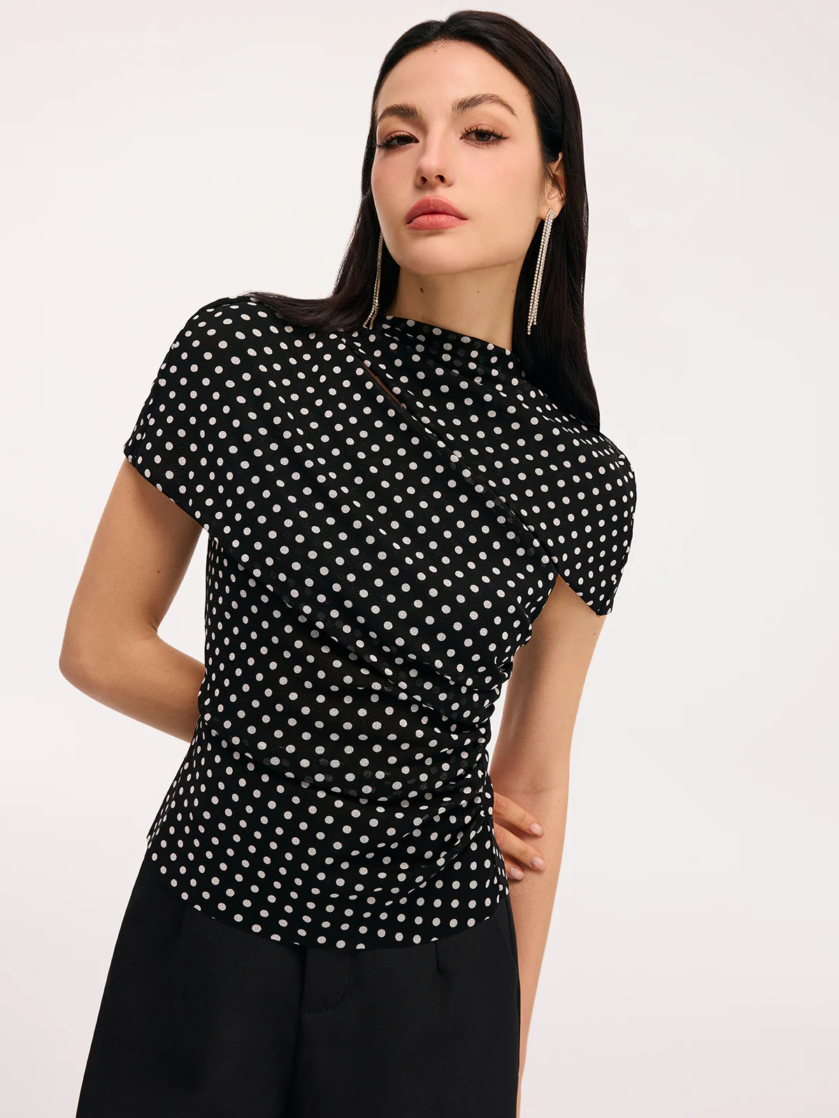 Polka Dot Cut-Out Ruched Short-Sleeve Blouse - Image 2