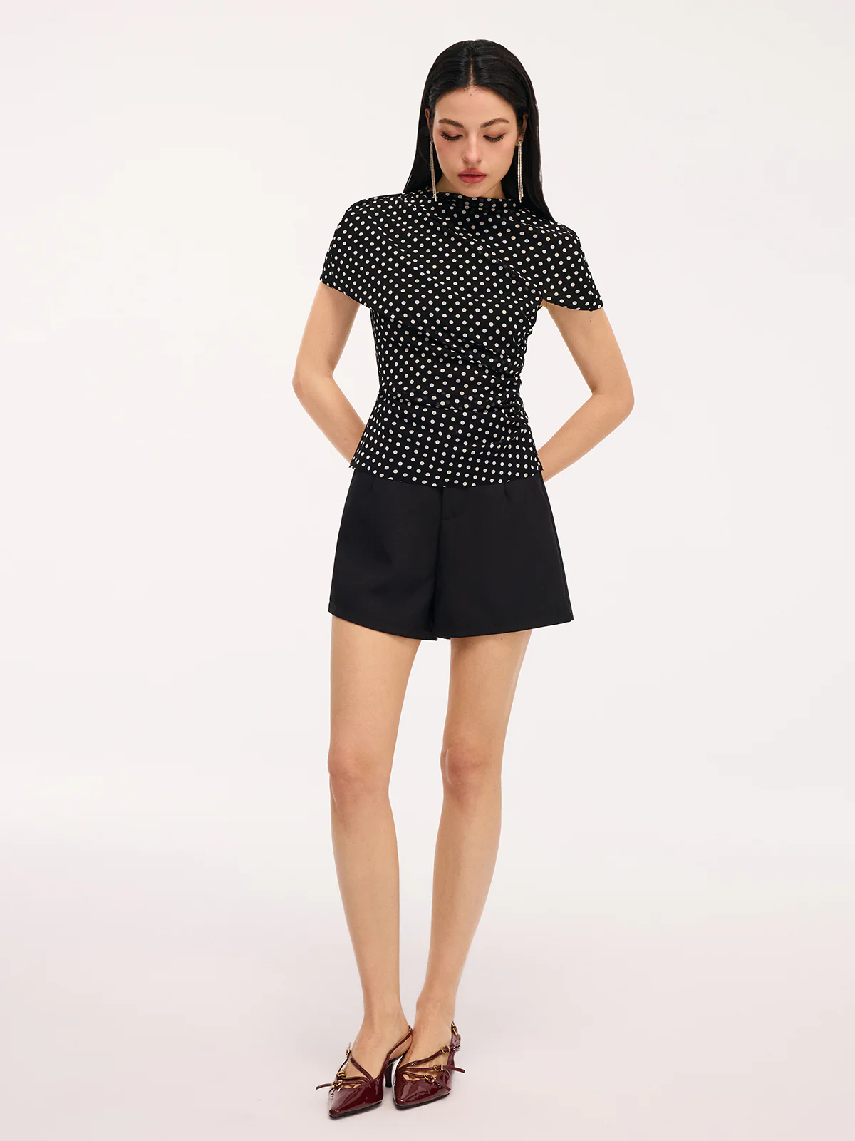 Polka Dot Cut-Out Ruched Short-Sleeve Blouse - Image 3