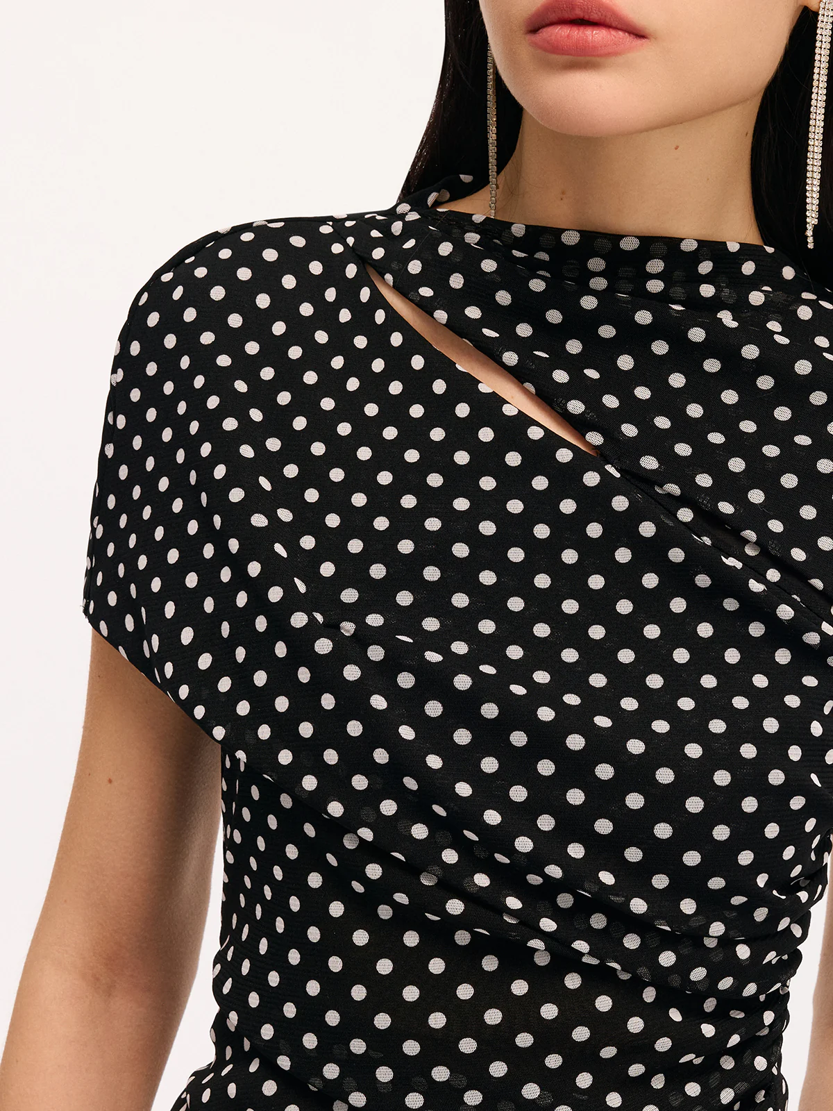 Polka Dot Cut-Out Ruched Short-Sleeve Blouse - Image 4