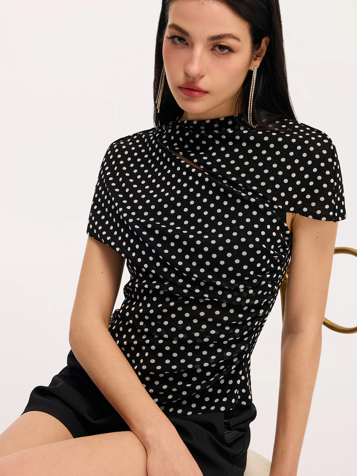 Polka Dot Cut-Out Ruched Short-Sleeve Blouse - Image 5