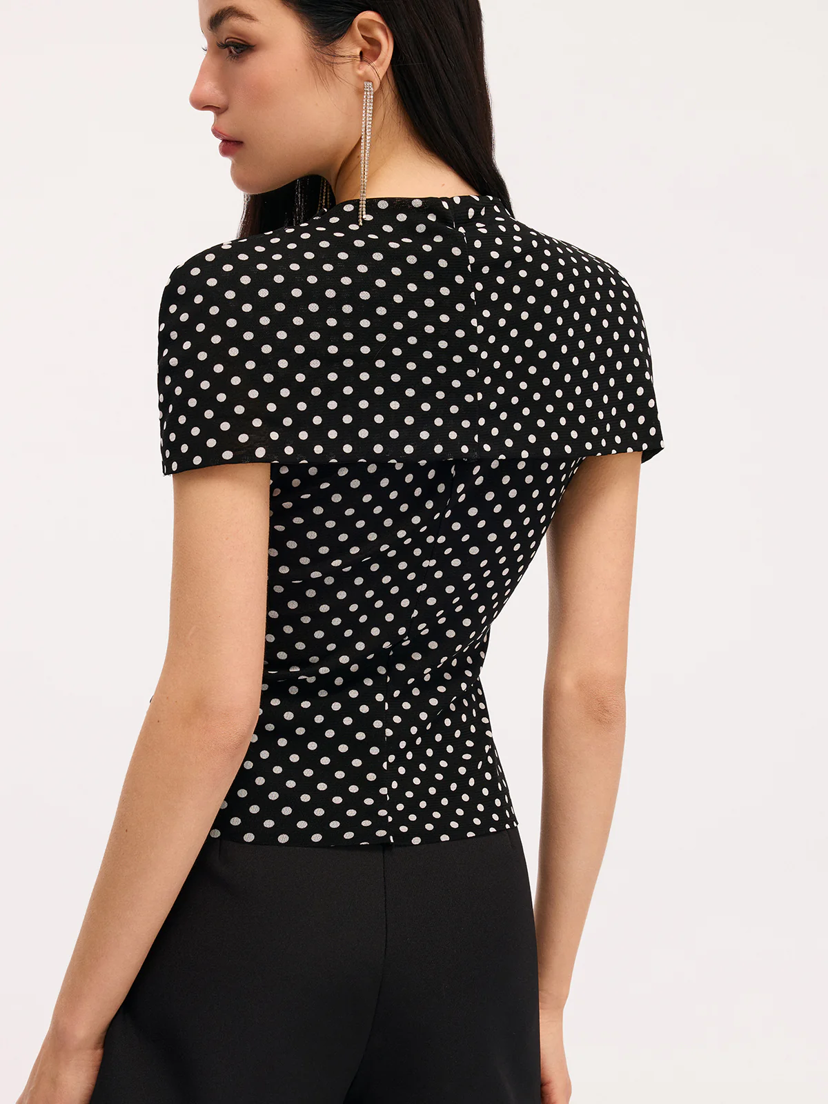Polka Dot Cut-Out Ruched Short-Sleeve Blouse - Image 6