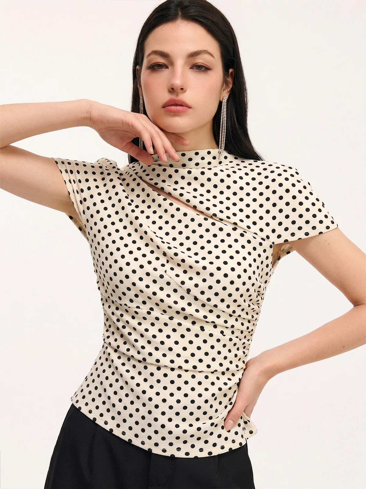 Polka Dot Cut-Out Ruched Short-Sleeve Blouse - Image 7