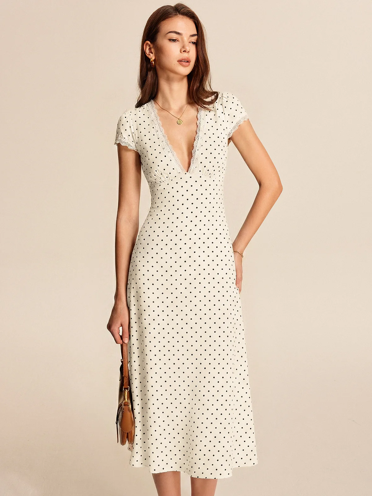 Polka Dot Lace Trim Midi Dress