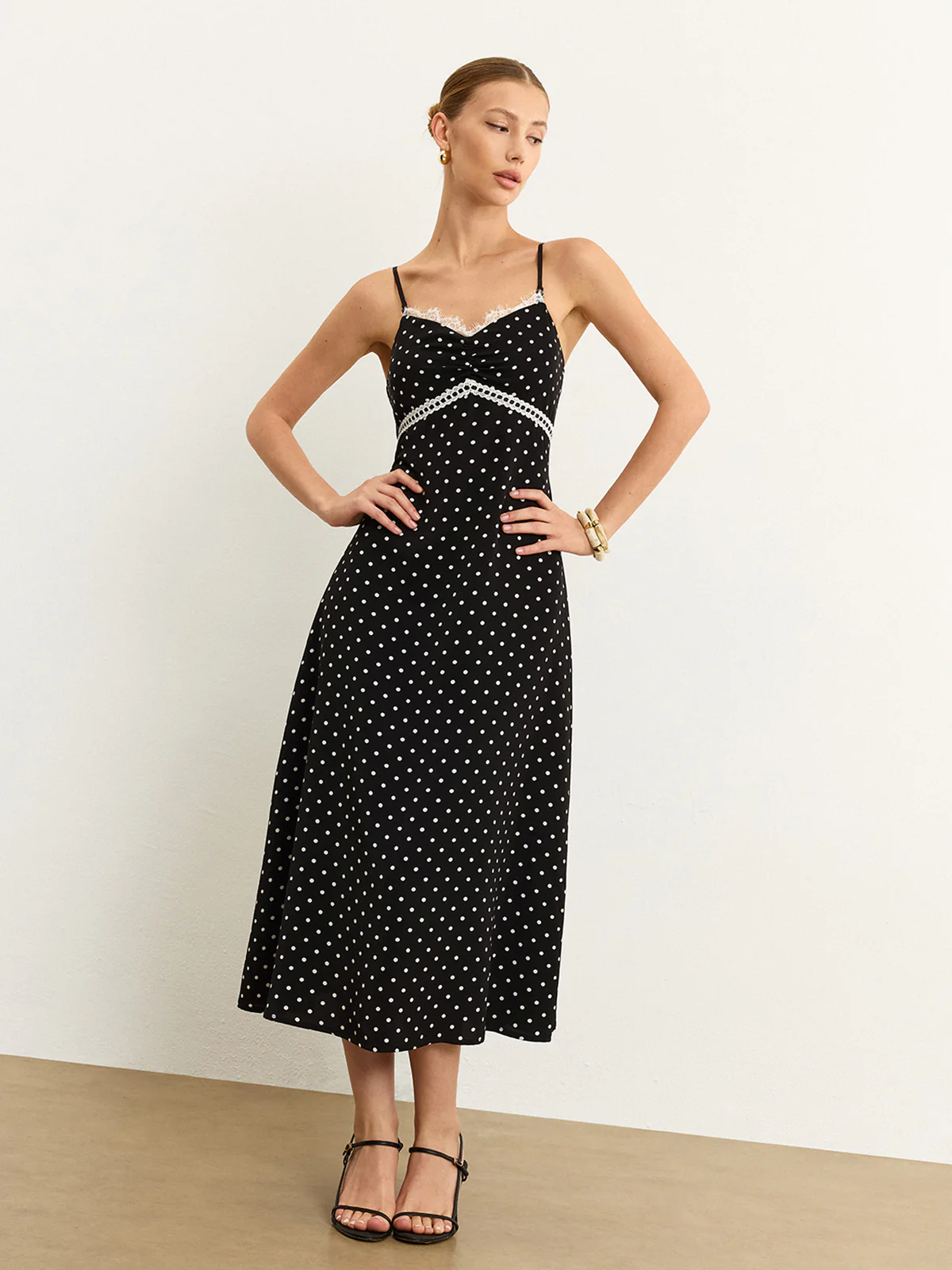 Polka Dot Lace Trim Midi Dress - Image 2