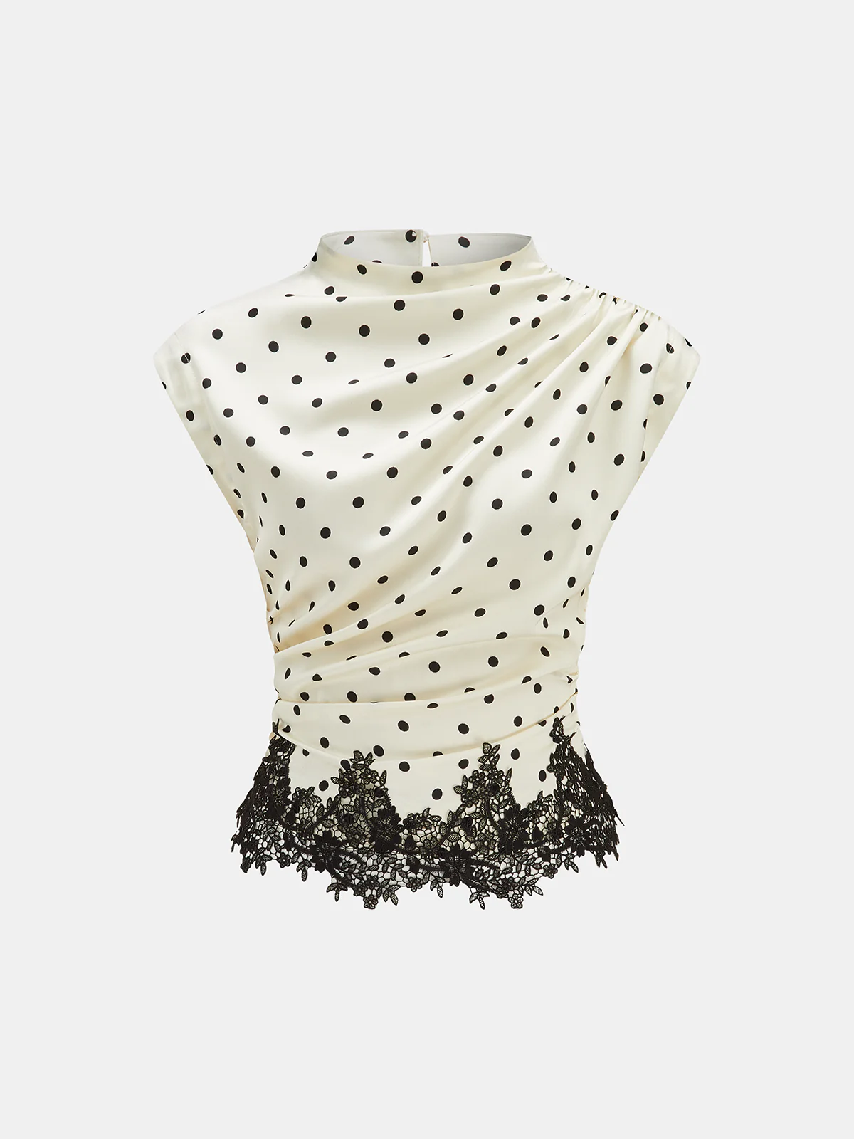 Polka Dot Ruched Lace Hem Sleeveless Blouse