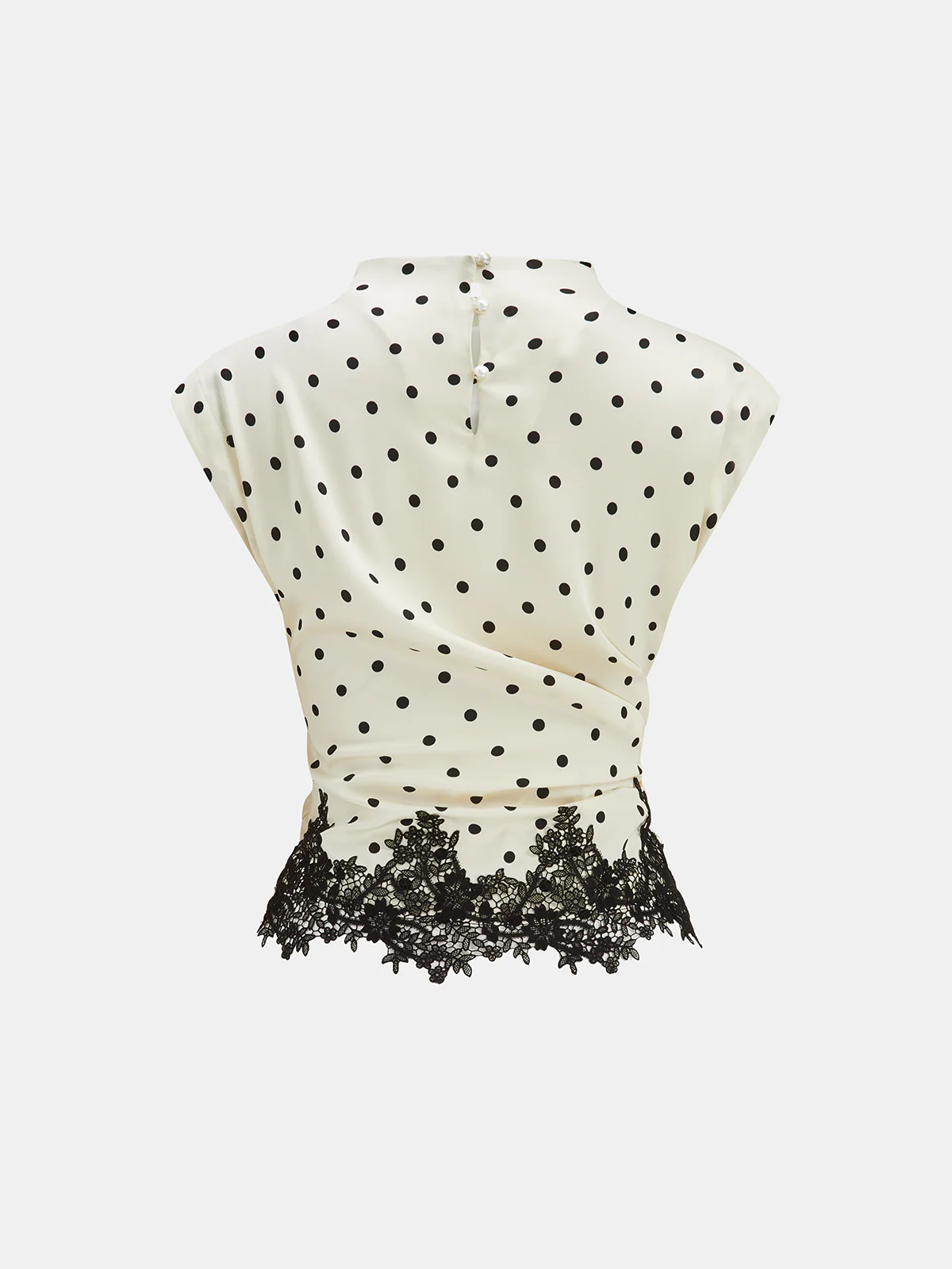 Polka Dot Ruched Lace Hem Sleeveless Blouse - Image 2