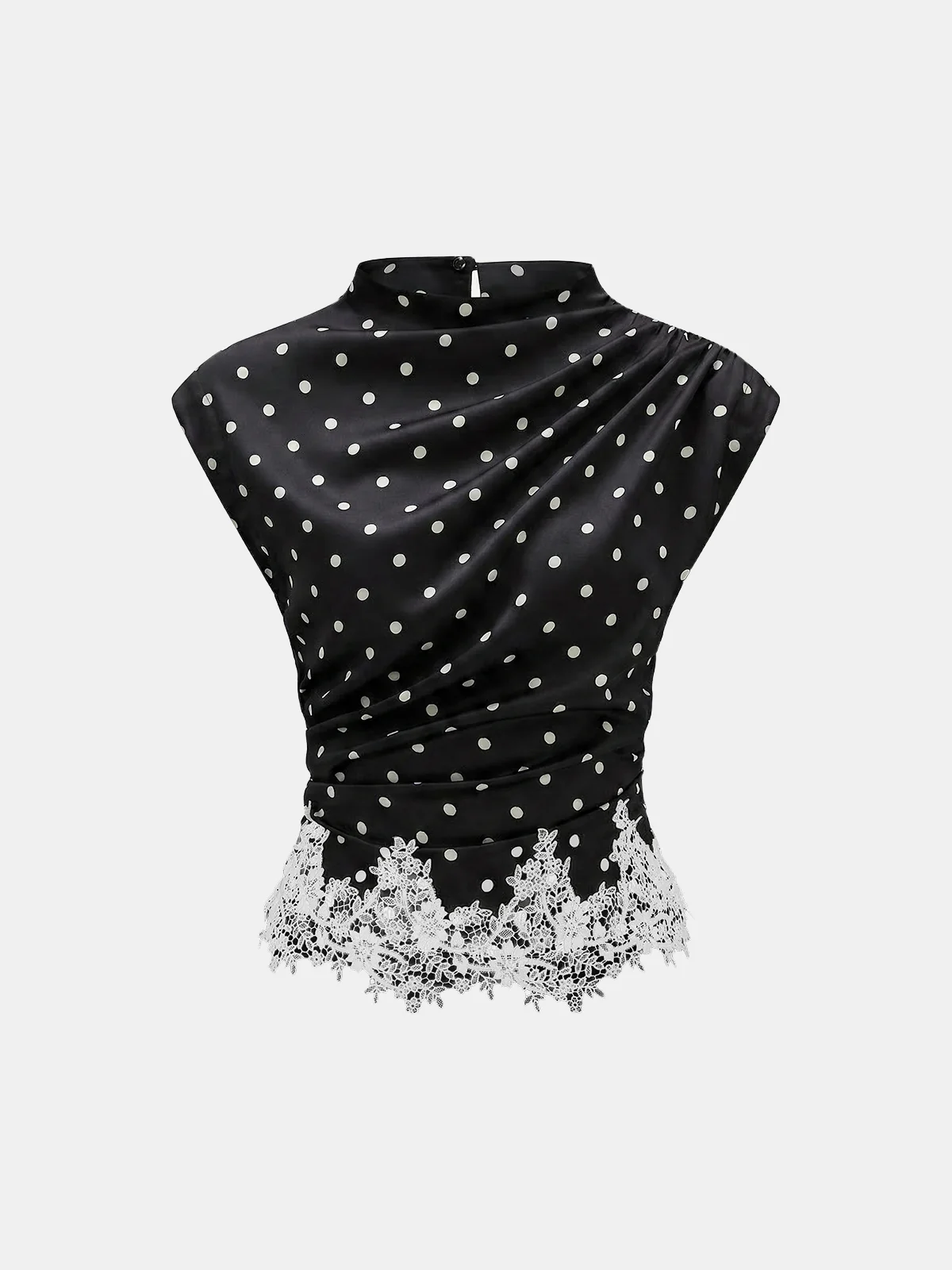 Polka Dot Ruched Lace Hem Sleeveless Blouse - Image 5