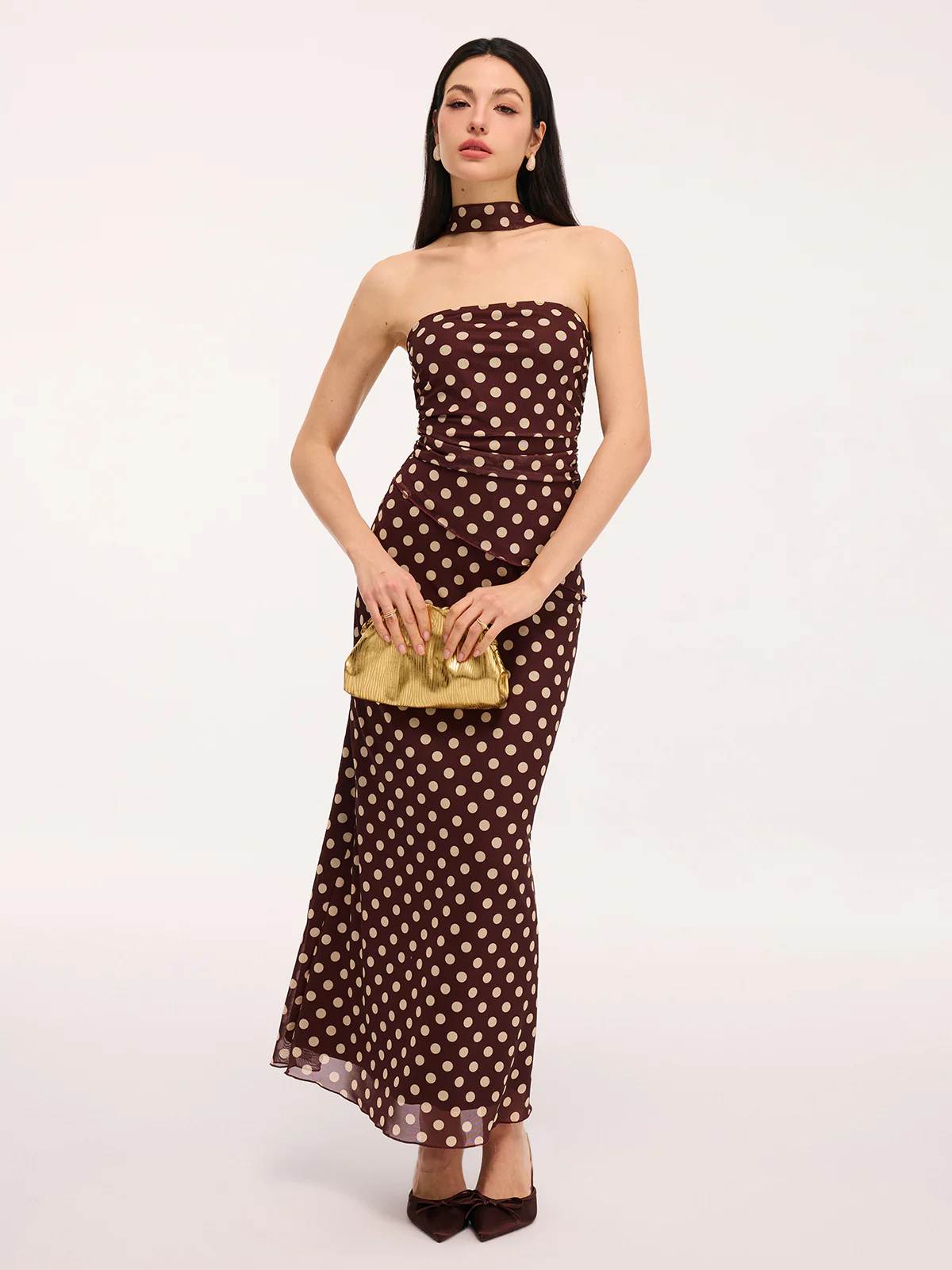 Polka Dot Ruched Scarf Top & Maxi Skirt Set - Image 2