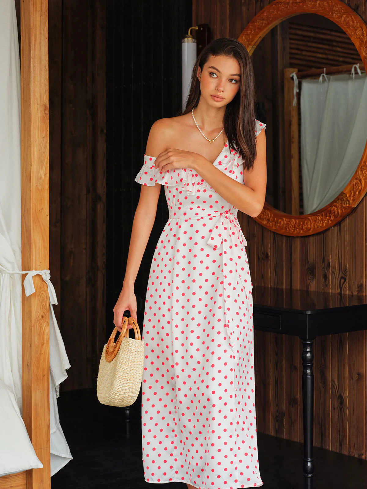 Semi-Sheer Polka Dot Ruffle Tie Waist Dress - Image 3