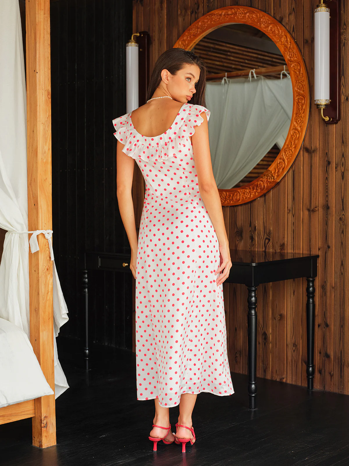 Semi-Sheer Polka Dot Ruffle Tie Waist Dress - Image 6