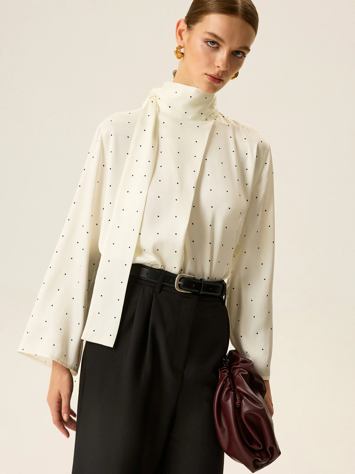 Polka Dot Satin High-Neck Blouse - Image 3