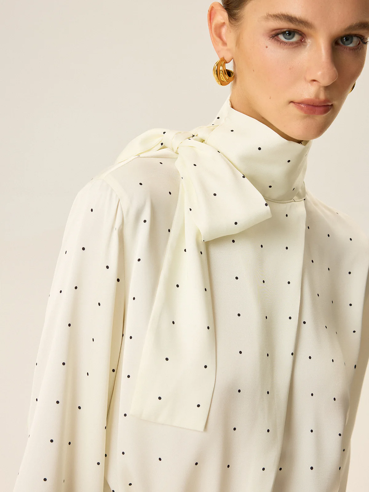 Polka Dot Satin High-Neck Blouse - Image 4