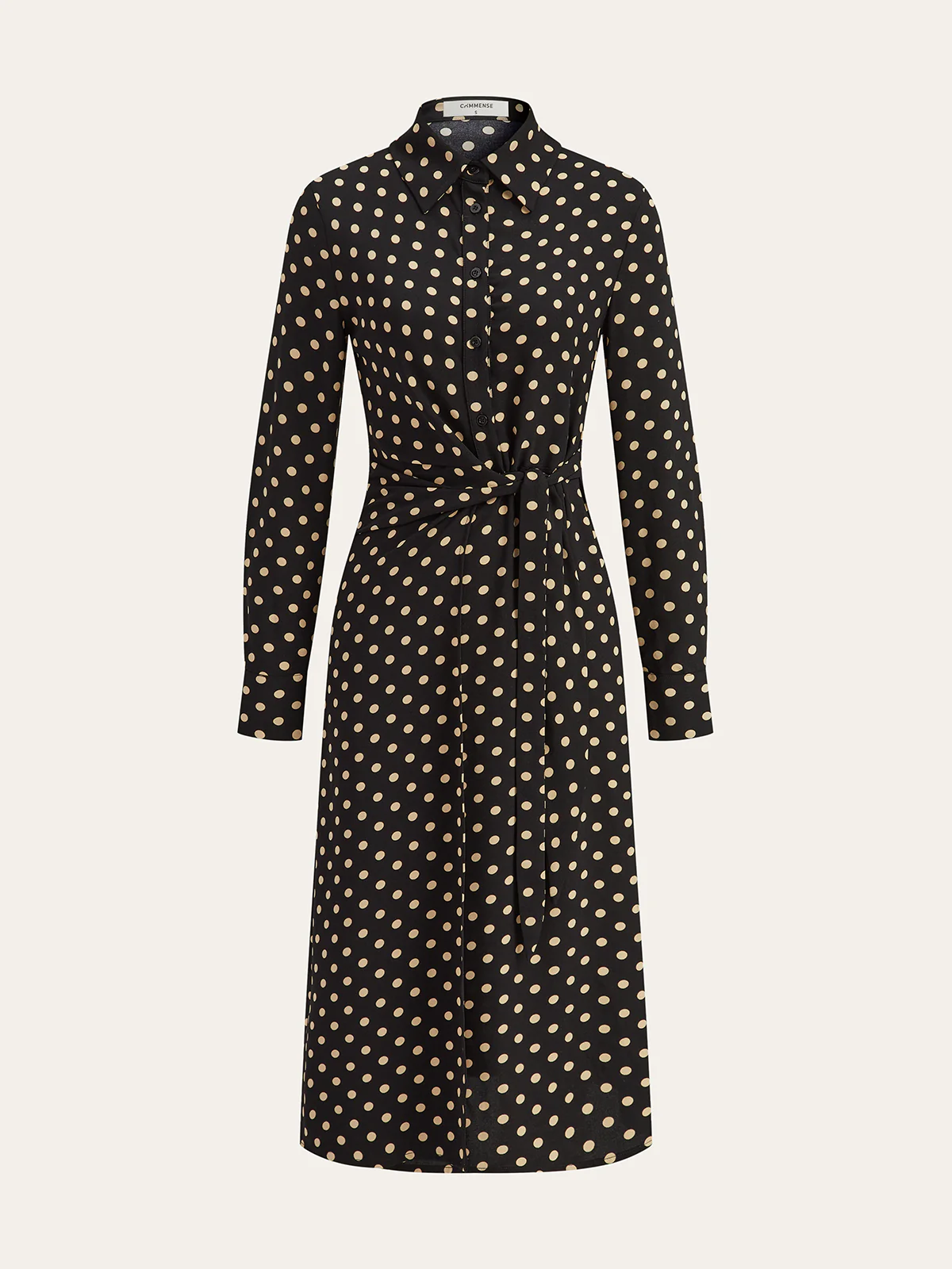 Polka Dot Shirt Collar Belted Long Sleeve Dress - Image 2