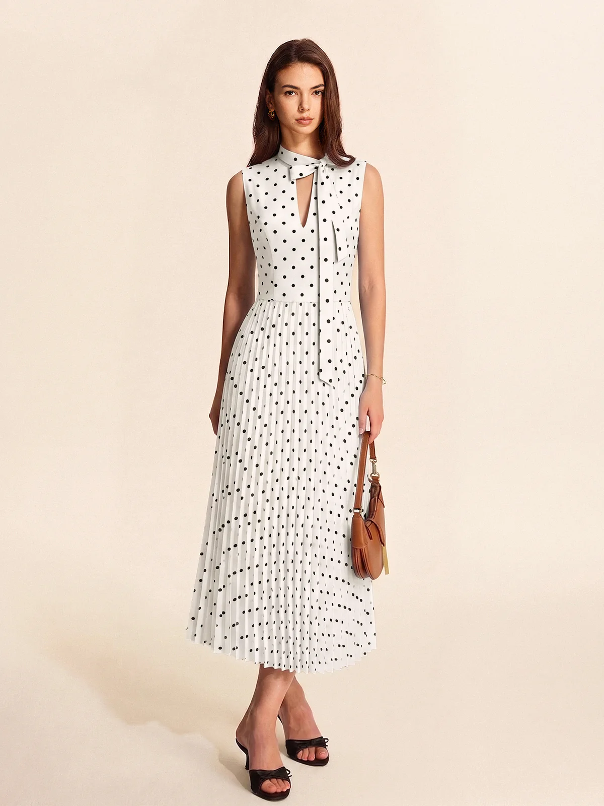 Polka Dot Sleeveless Pleated Dress with Neck Tie