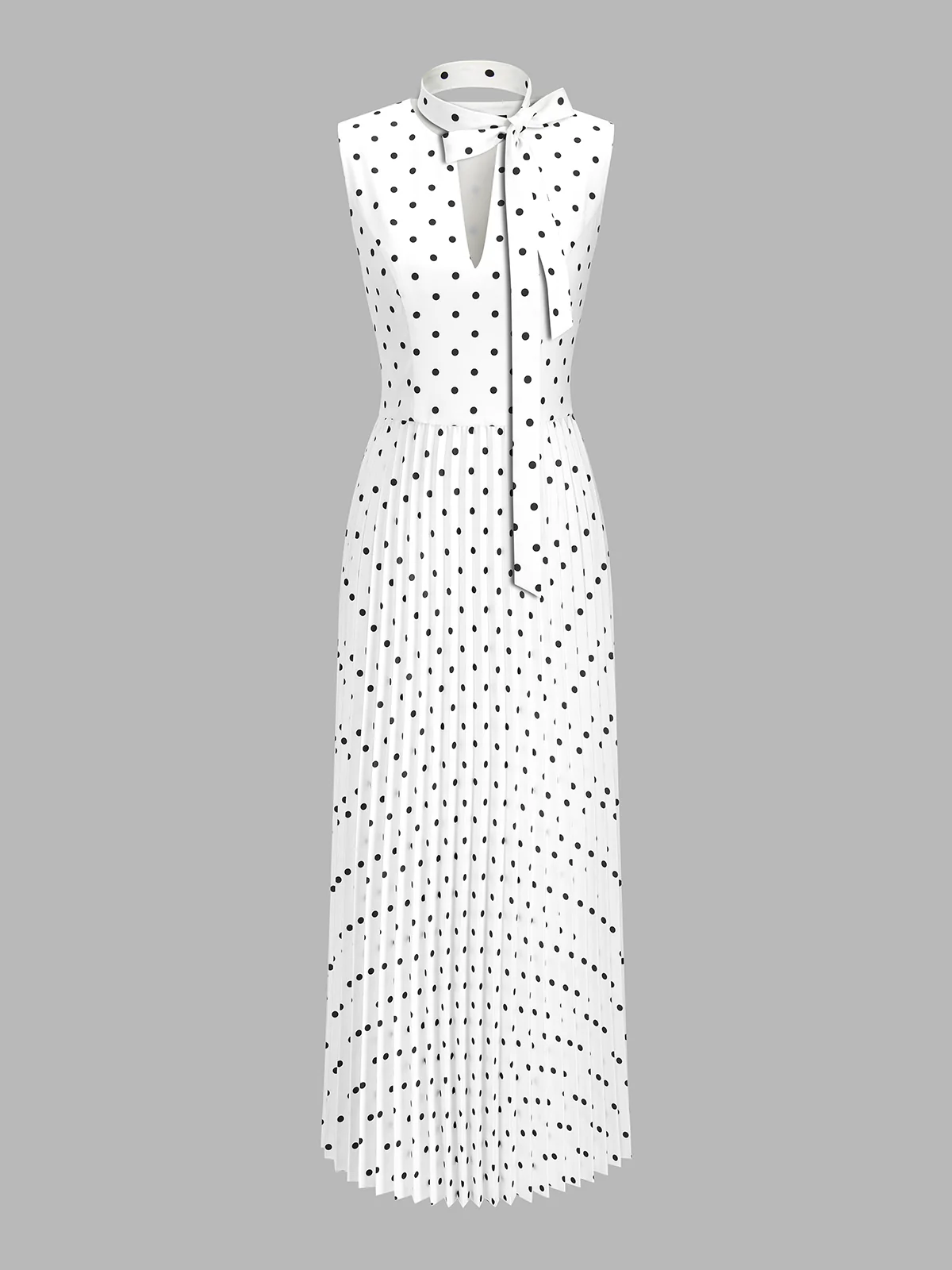 Polka Dot Sleeveless Pleated Dress with Neck Tie - Image 2