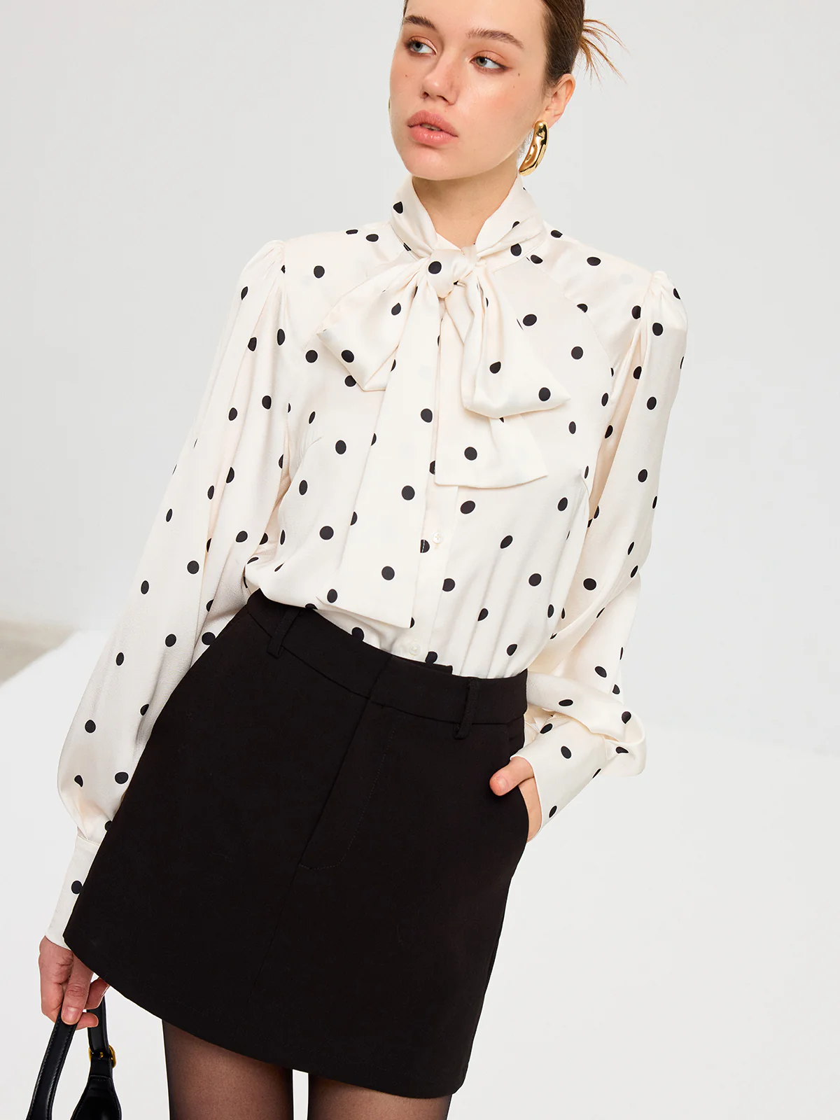 Polka Dot Tie Neck Satin Shirt - Image 3
