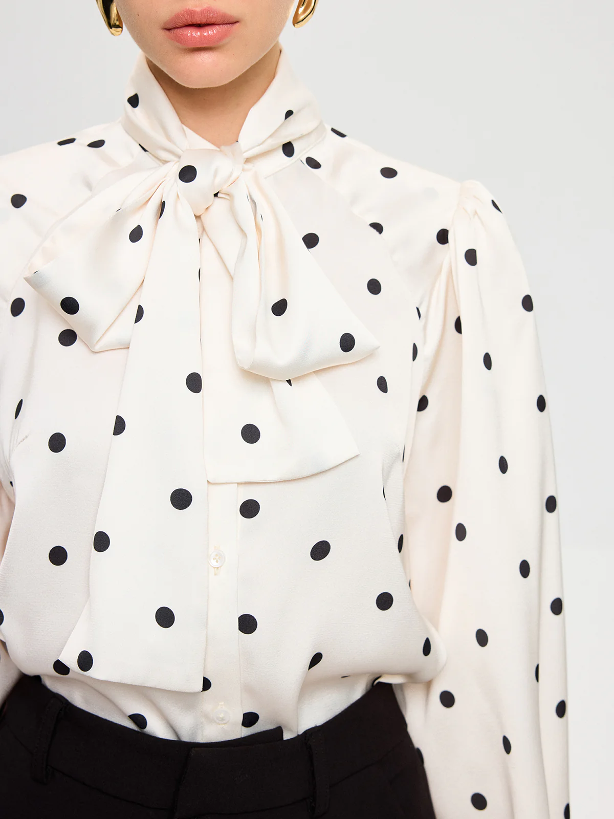 Polka Dot Tie Neck Satin Shirt - Image 4