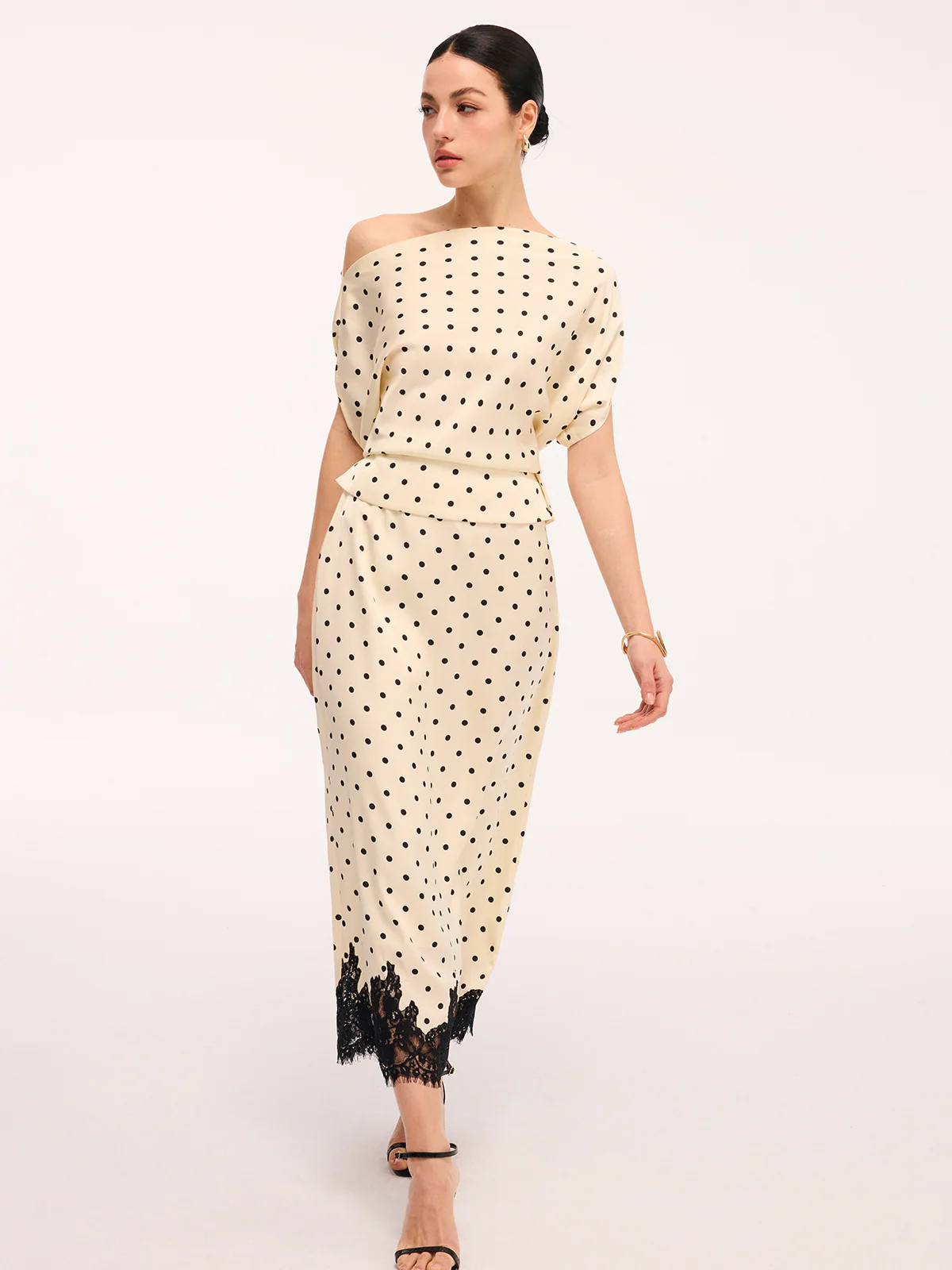 Polka Dot Top & Lace Trim Midi Skirt Set - Image 2
