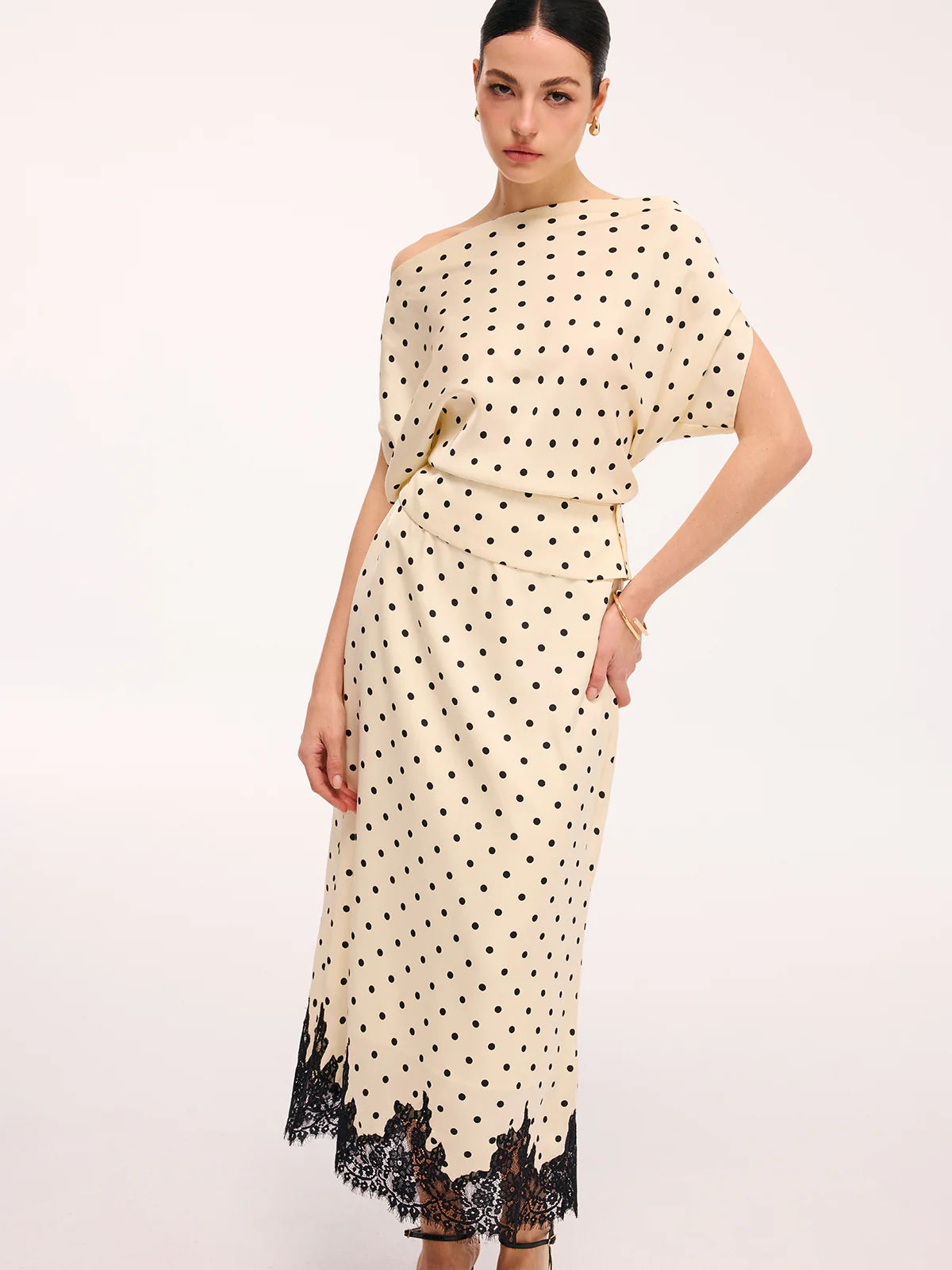 Polka Dot Top & Lace Trim Midi Skirt Set - Image 3