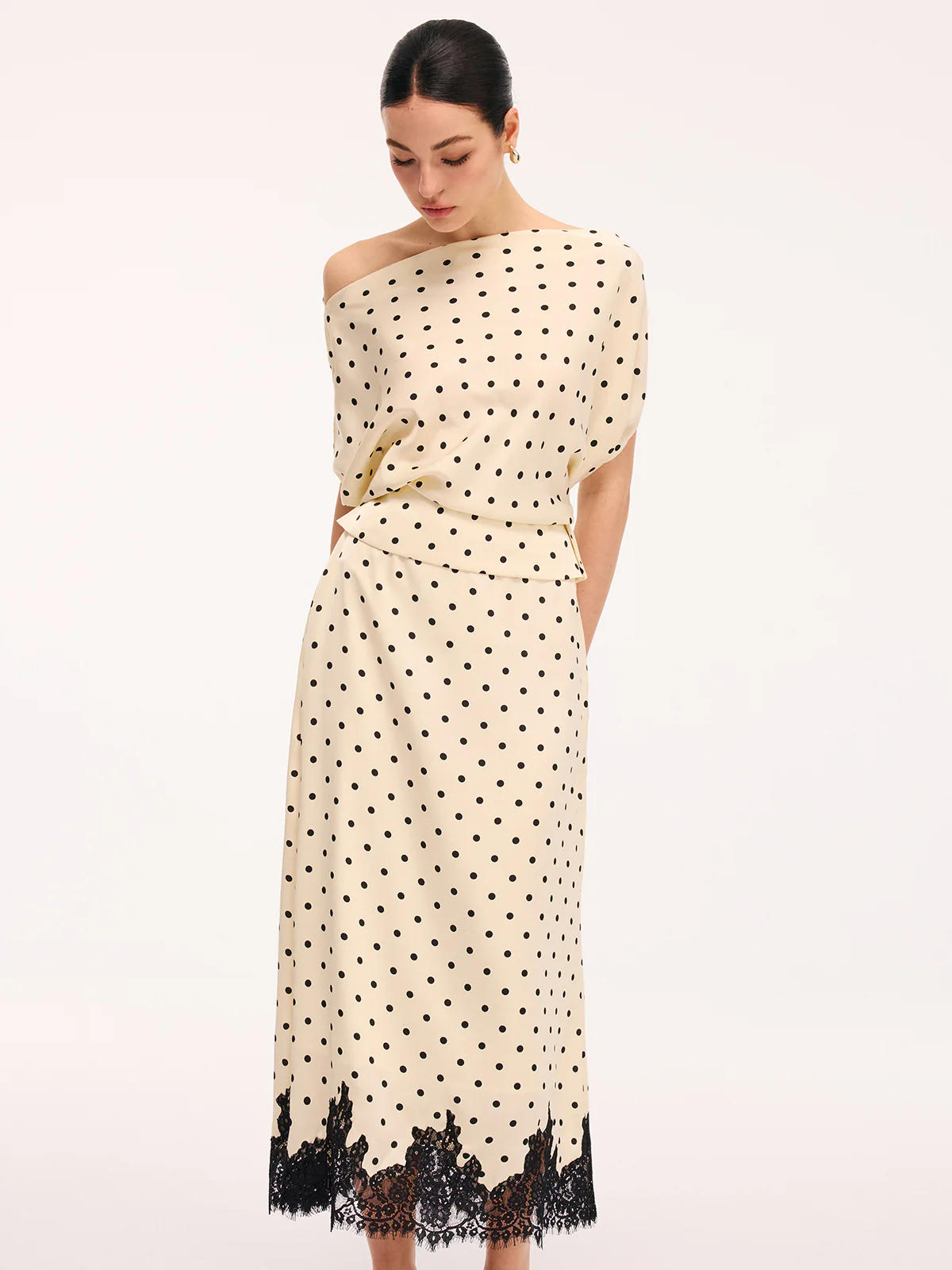 Polka Dot Top & Lace Trim Midi Skirt Set - Image 5