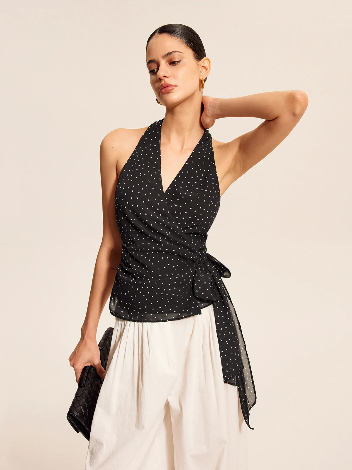 Polka Dot Wrap Tie Halter Top - Image 2