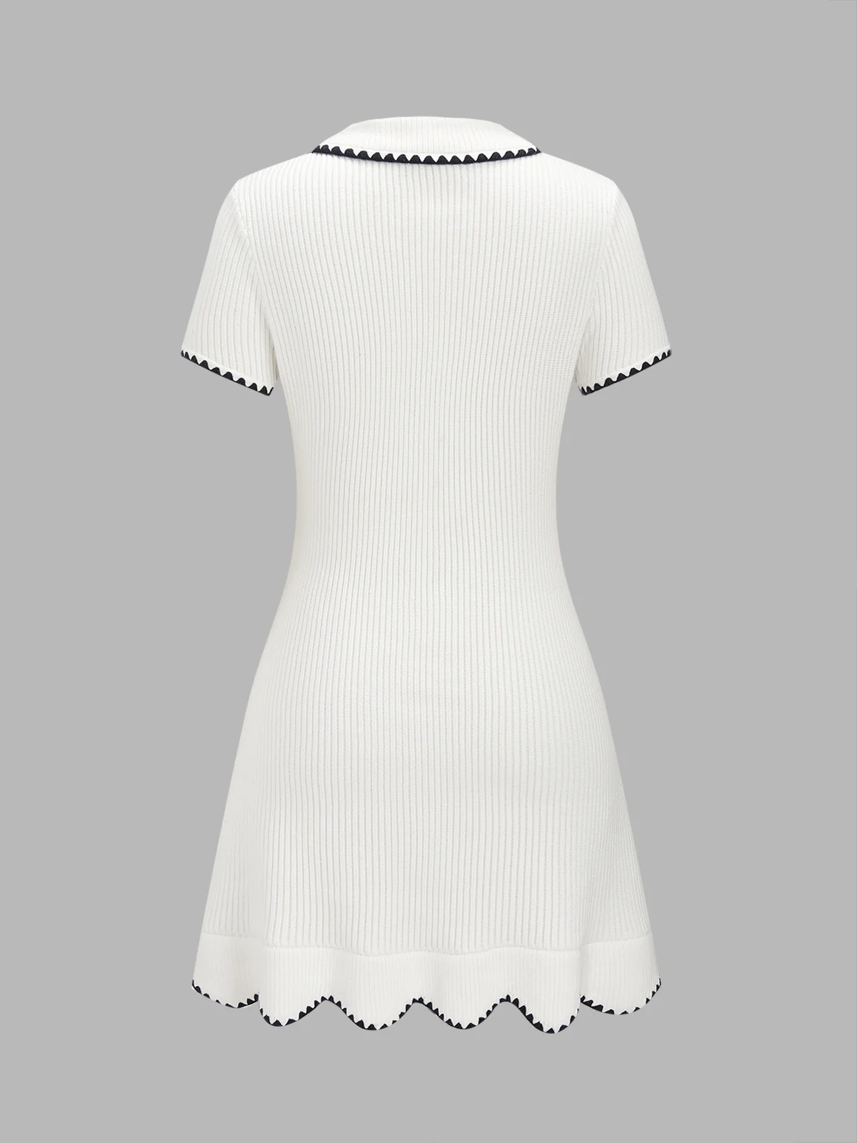 Polo Collar Contrast Trim Ribbed Knit Mini Dress - Image 3