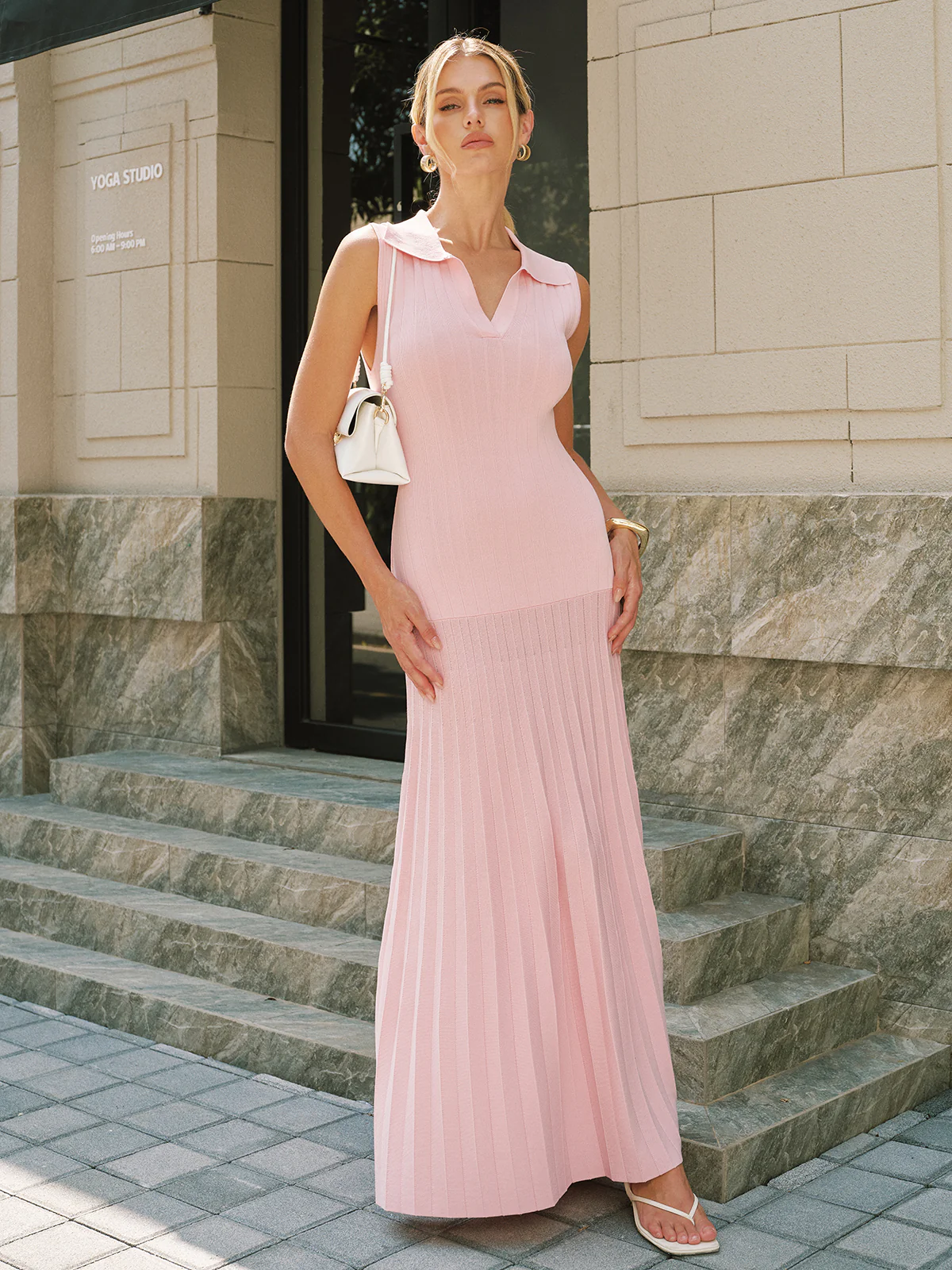 Polo Collar Sleeveless Ribbed Knit Maxi Dress - Image 2