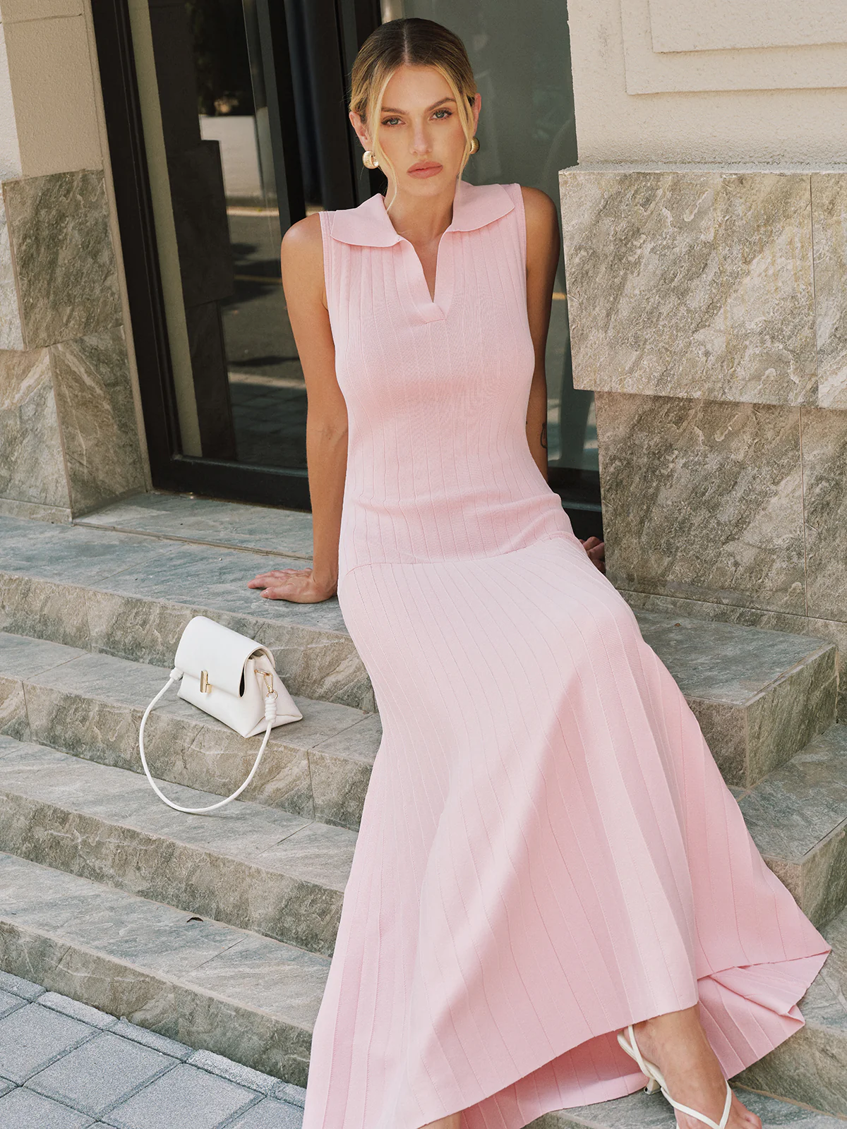 Polo Collar Sleeveless Ribbed Knit Maxi Dress - Image 7